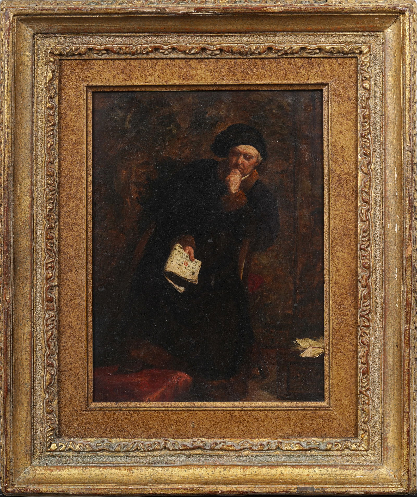 Antique European Robed University Scholar Studying Original Framed Oil Painting: Vintage American oil painting. Measuring: 15 by 18 inches overall, and 9 by 12 painting alone. Please see all images for condition. Size is measured and written on the back of the painting or next to
