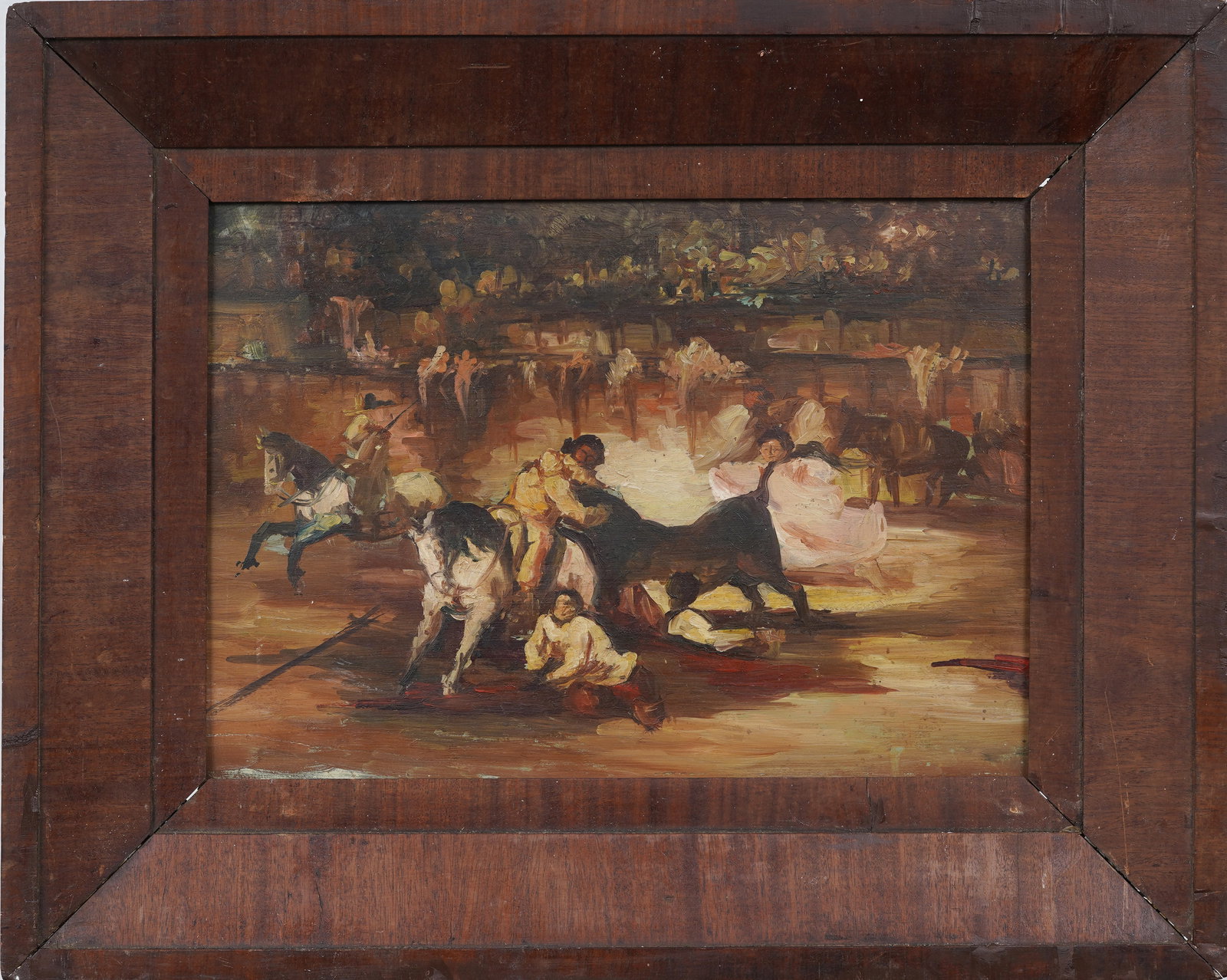 Vintage Spanish Impressionist Bullfight Oil Painting on Panel: Vintage Spanish impressionist oil painting of a picador making the last mistake of his life. Measuring: 17 by 21 inches overall, and 10 1/3 by 14 3/4 painting alone. Please see all images for conditio