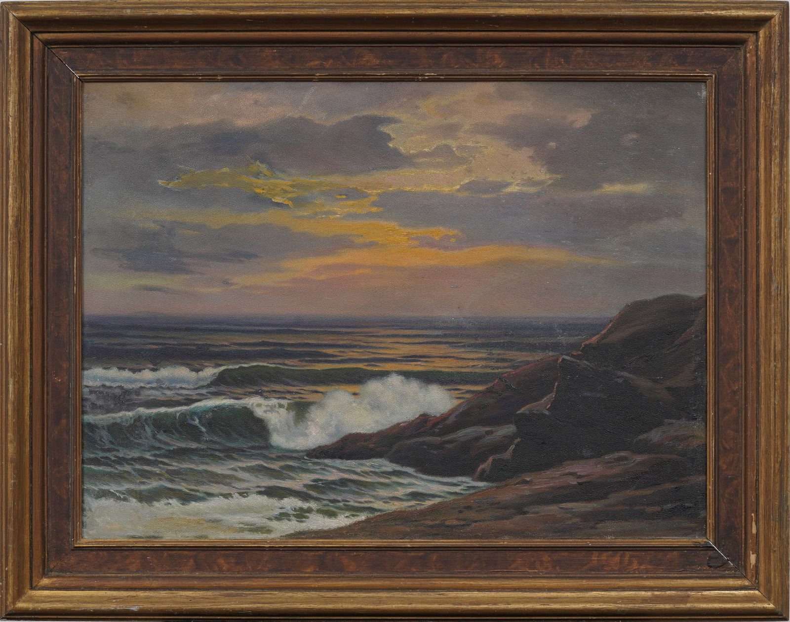 Antique American Crashing Waves and Sunset Coastal Seascape Hudson River School Oil Painting (1 of 6)