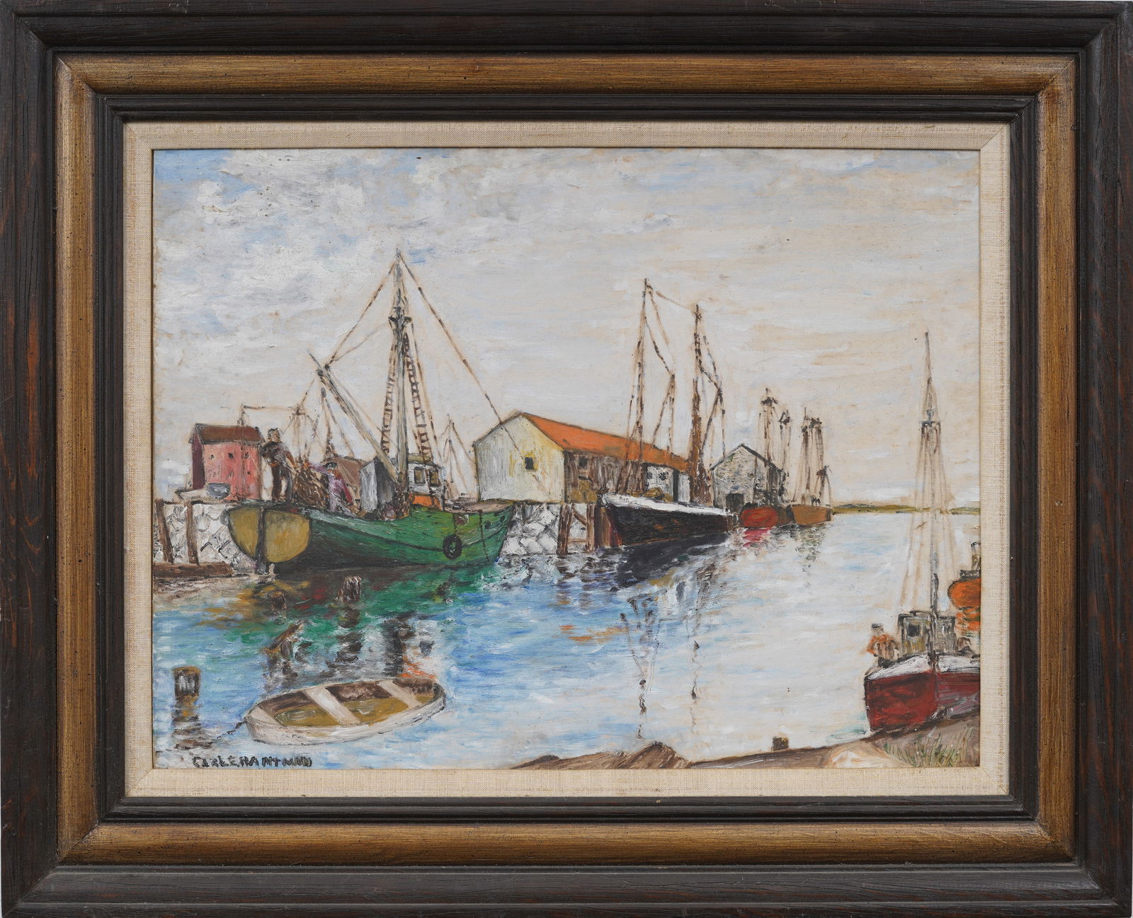Vintage American Impressionist New England Harbor Scene Framed Oil Painting Signed "Carl Hantman" (1 of 10)