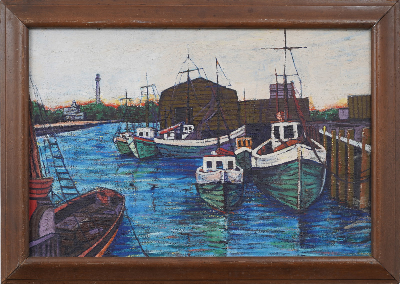 Vintage American New England Harbor Wharf Original Framed Oil Painting (1 of 7)