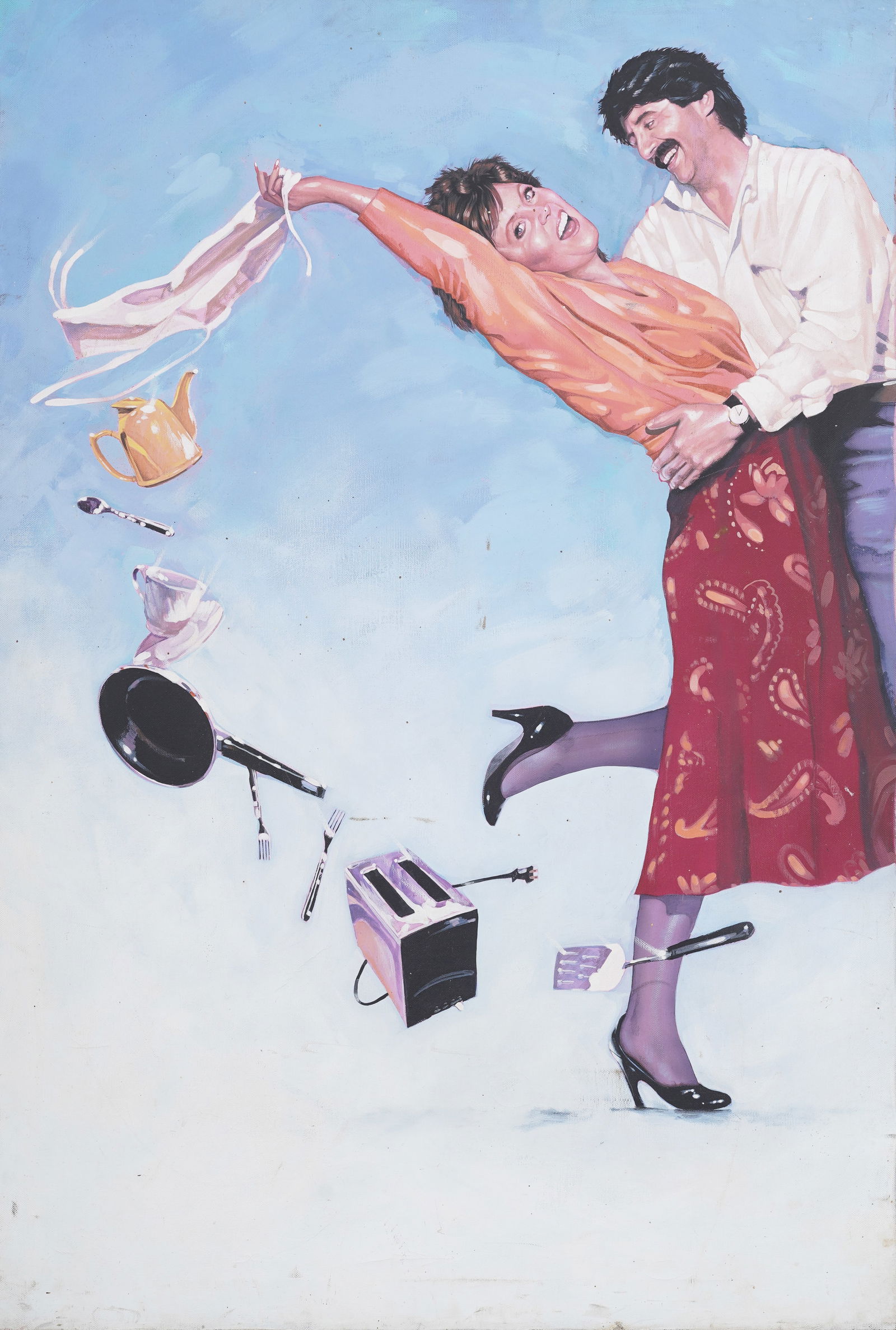 Charles David De Mar (American, 20th C) Domestic Life Commercial Illustration Oil Painting on Canvas: Vintage American oil painting. Measuring: 40 by 27 inches overall. Please see all images for condition. Size is measured and written on the back of the painting or next to each object. The first size