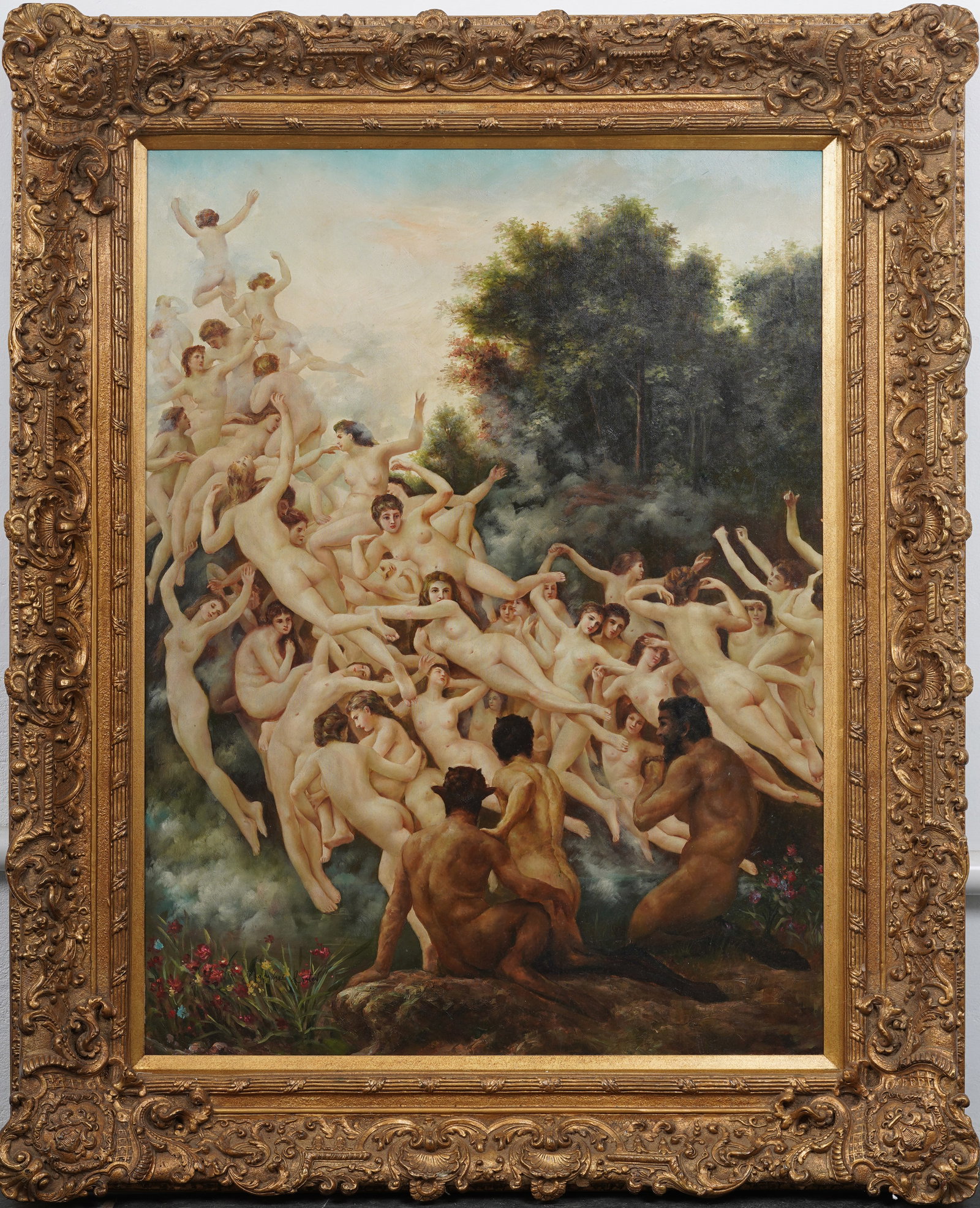 Enormous Decorative Classical Reproduction Painting of Naiads and Fauns Cavorting: Vintage American painting. Measuring: 62 by 50 inches overall, and 48 by 36 painting alone. Please see all images for condition. Size is measured and written on the back of the painting or next to eac