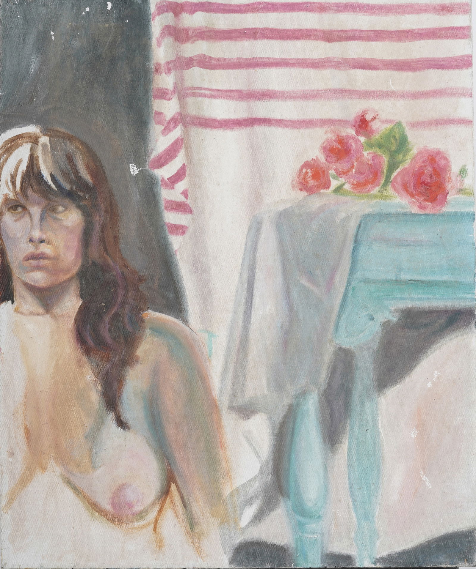 American Modernist Nude Figure Drawing with Background Still Life Oil Painting: Vintage American oil painting. Measuring: 24 by 20 inches overall. Please see all images for condition. Size is measured and written on the back of the painting or next to each object. The first size