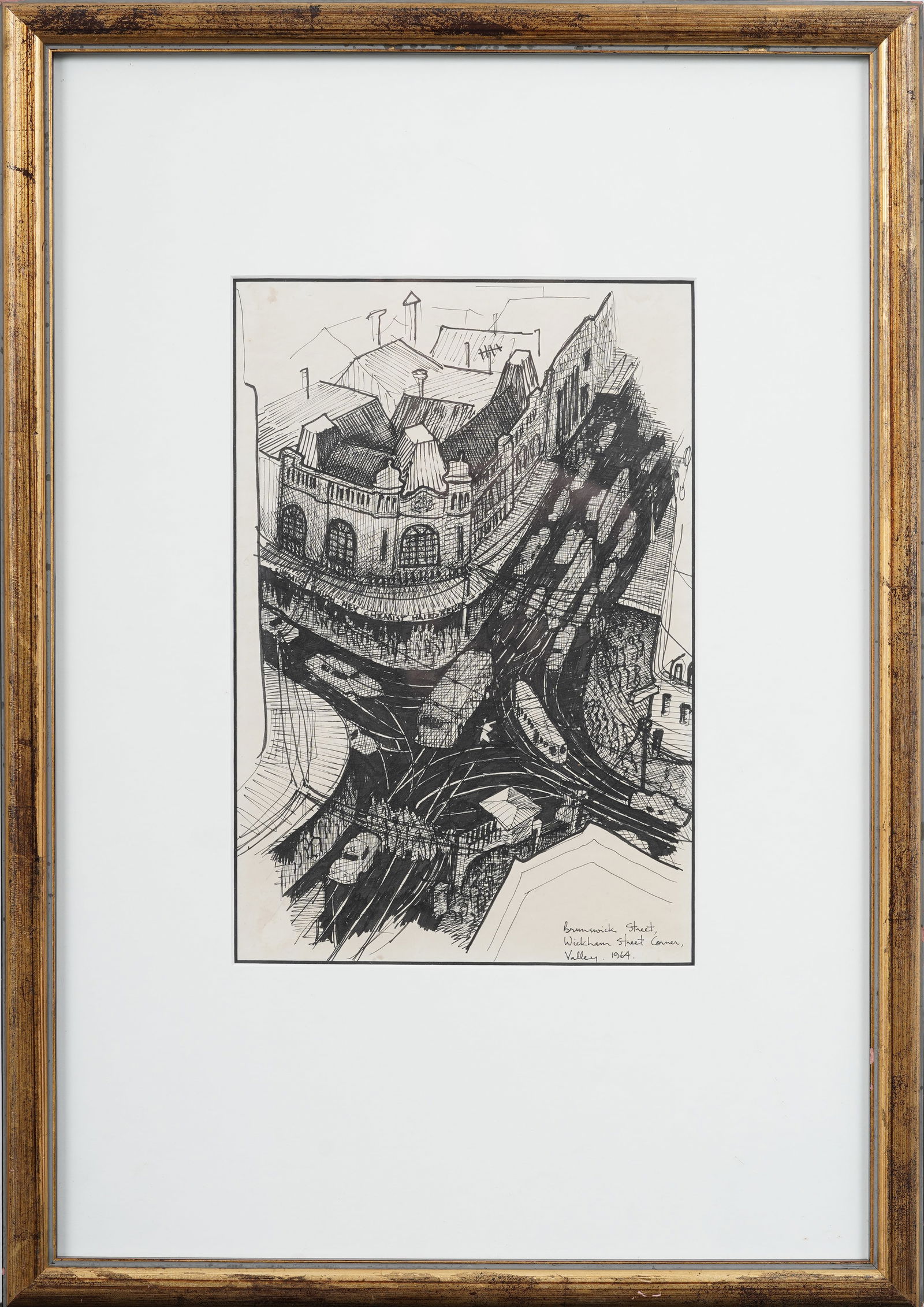 Vintage Australian 1960s Brisbane City Intersection Framed Ink Drawing (1 of 6)
