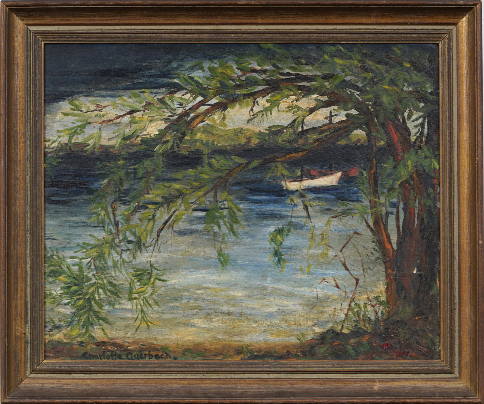 Signed Vintage European or American Tree and Lake Scene Oil Painting (1 of 6)