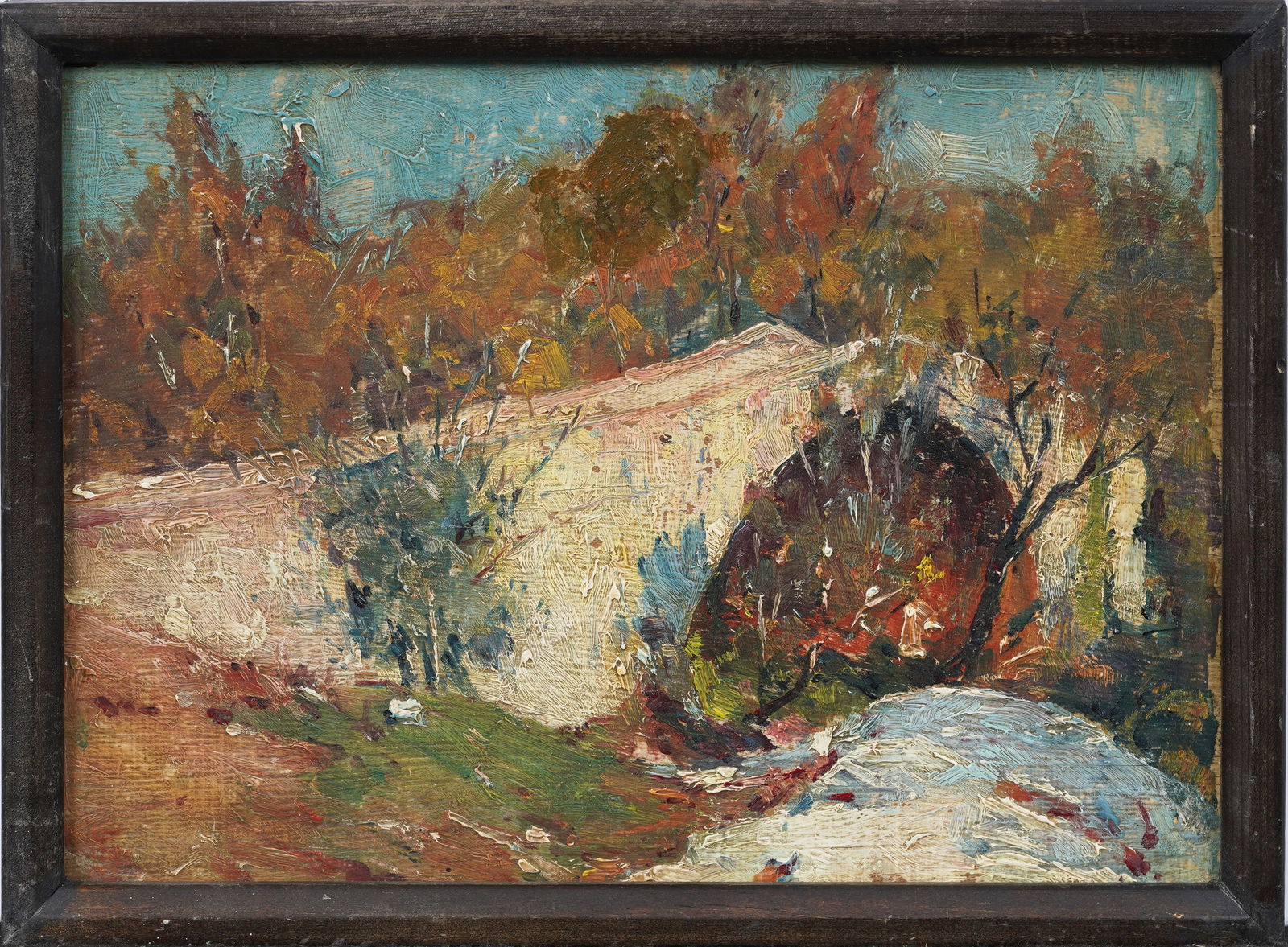 Antique American Stone Bridge Oil on Panel Autumn Landscape: Vintage American oil painting. Measuring: 11 by 14 inches overall, and 9 1/2 by 13 painting alone. Please see all images for condition. Size is measured and written on the back of the painting or next