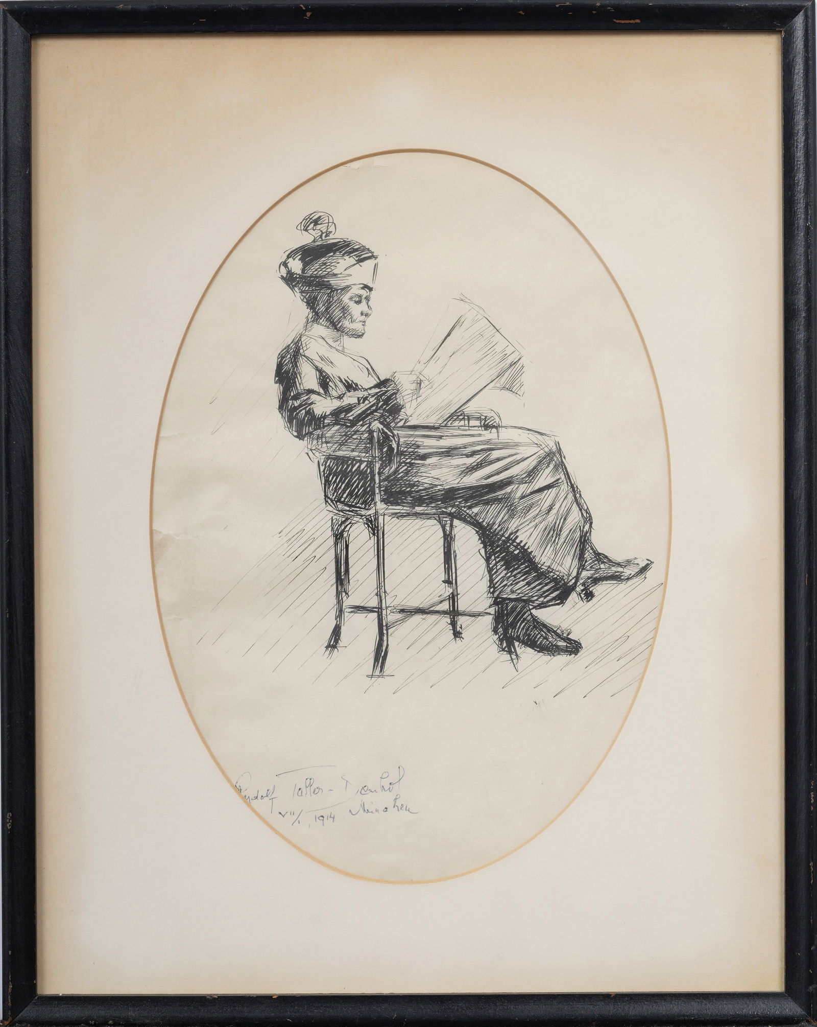 Antique Signed and Framed Figural Ink Drawing (1 of 6)