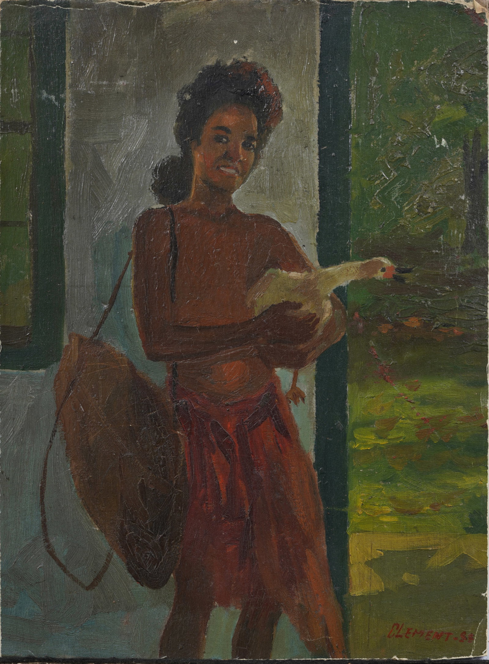 "A Girl and Her Duck" Vintage Oil Painting Portrait Signed "Clement": Vintage American oil painting. Signed and dated. Measuring: 16 by 12 inches overall. Please see all images for condition. Size is measured and written on the back of the painting or next to each objec