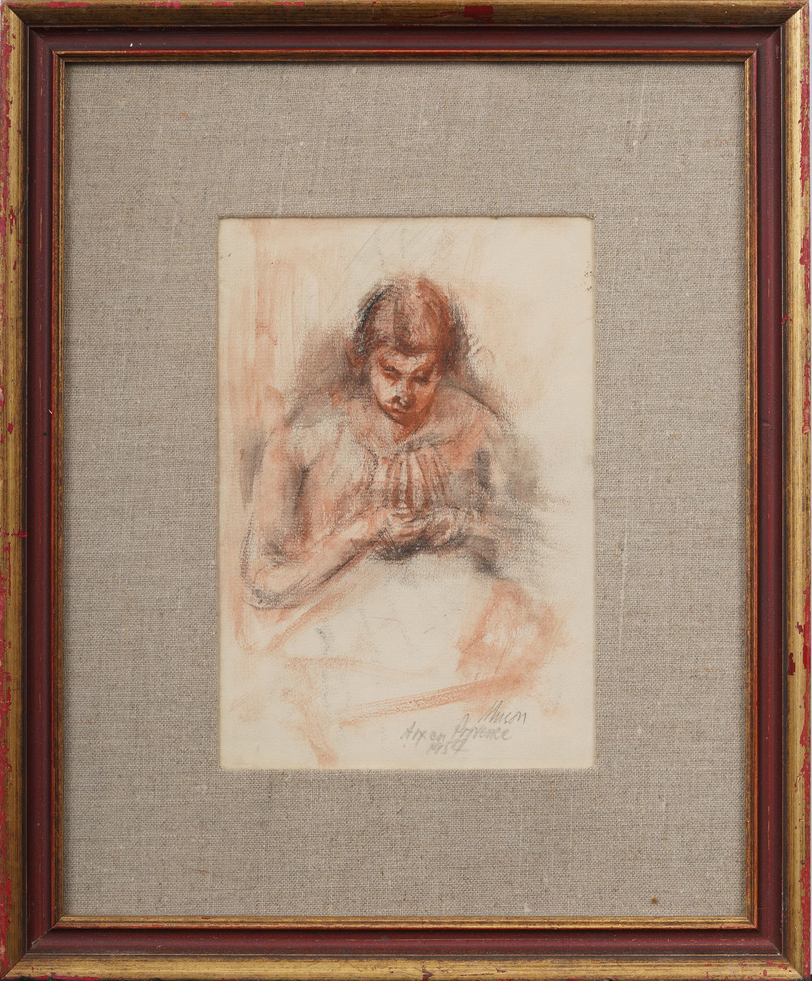 Vintage French Pencil and Watercolor Portrait Sketch Original Painting (1 of 5)