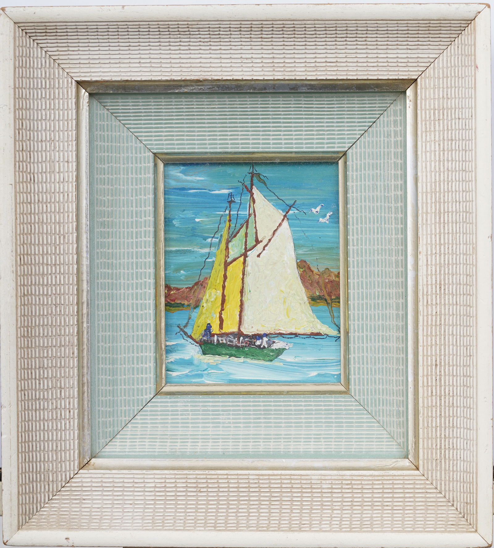 Vintage American Expressionist Sailboat Seascape Framed Oil Painting (1 of 4)