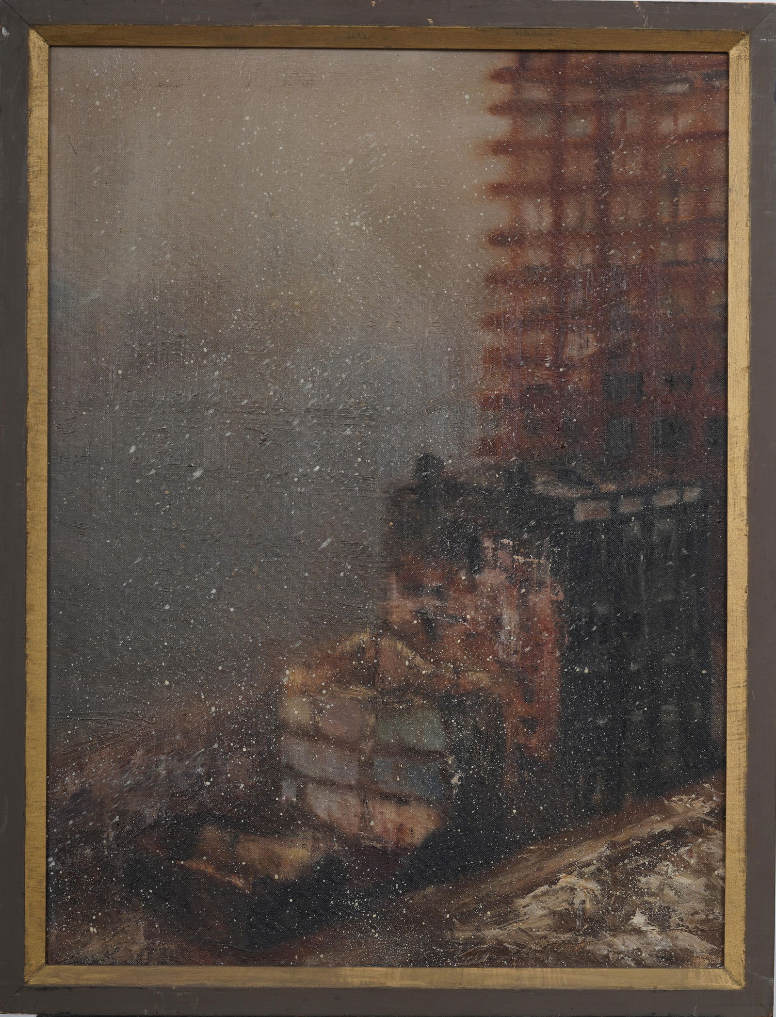 Vintage American Ashcan School Modernist Cityscape Winter Storm Construction Original Oil Painting: Vintage American cityscape oil painting. Framed. Oil on board. Measuring: 20 by 26 inches overall, and 18 by 24 painting alone. Please see all images for condition. Size is measured and written on the
