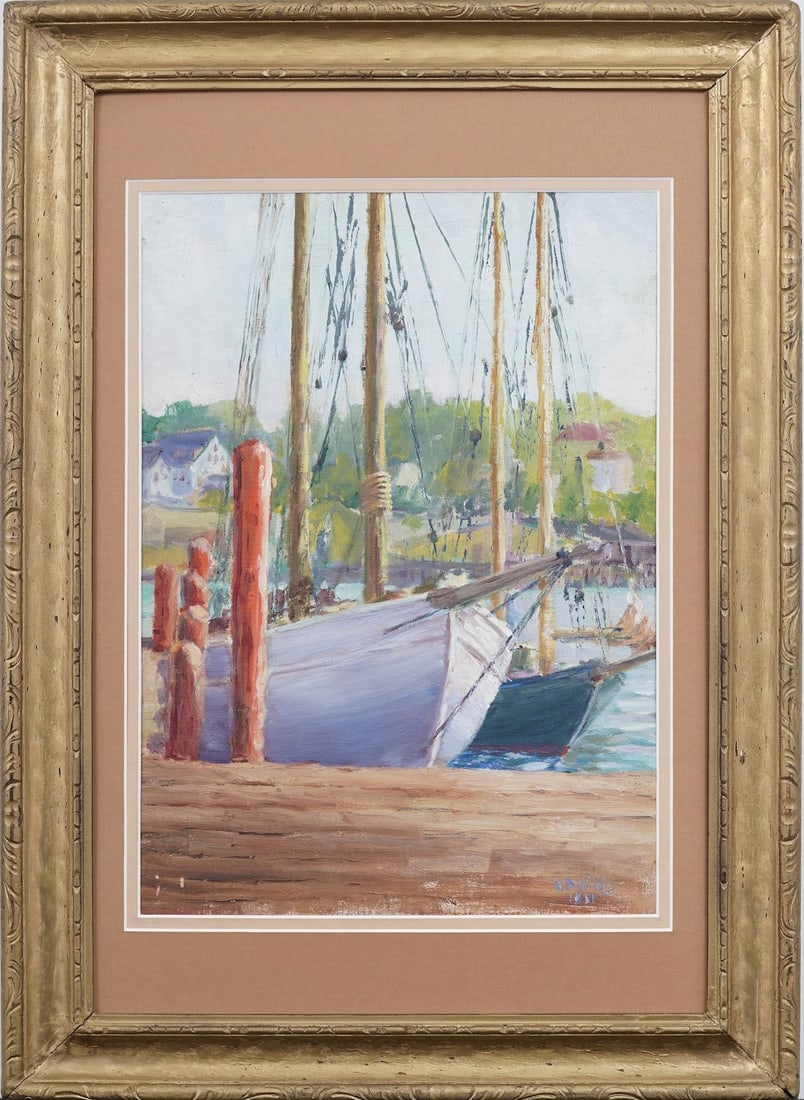 Vintage American Impressionist Seaside Coastal Dock Scene Original Oil Painting (1 of 5)