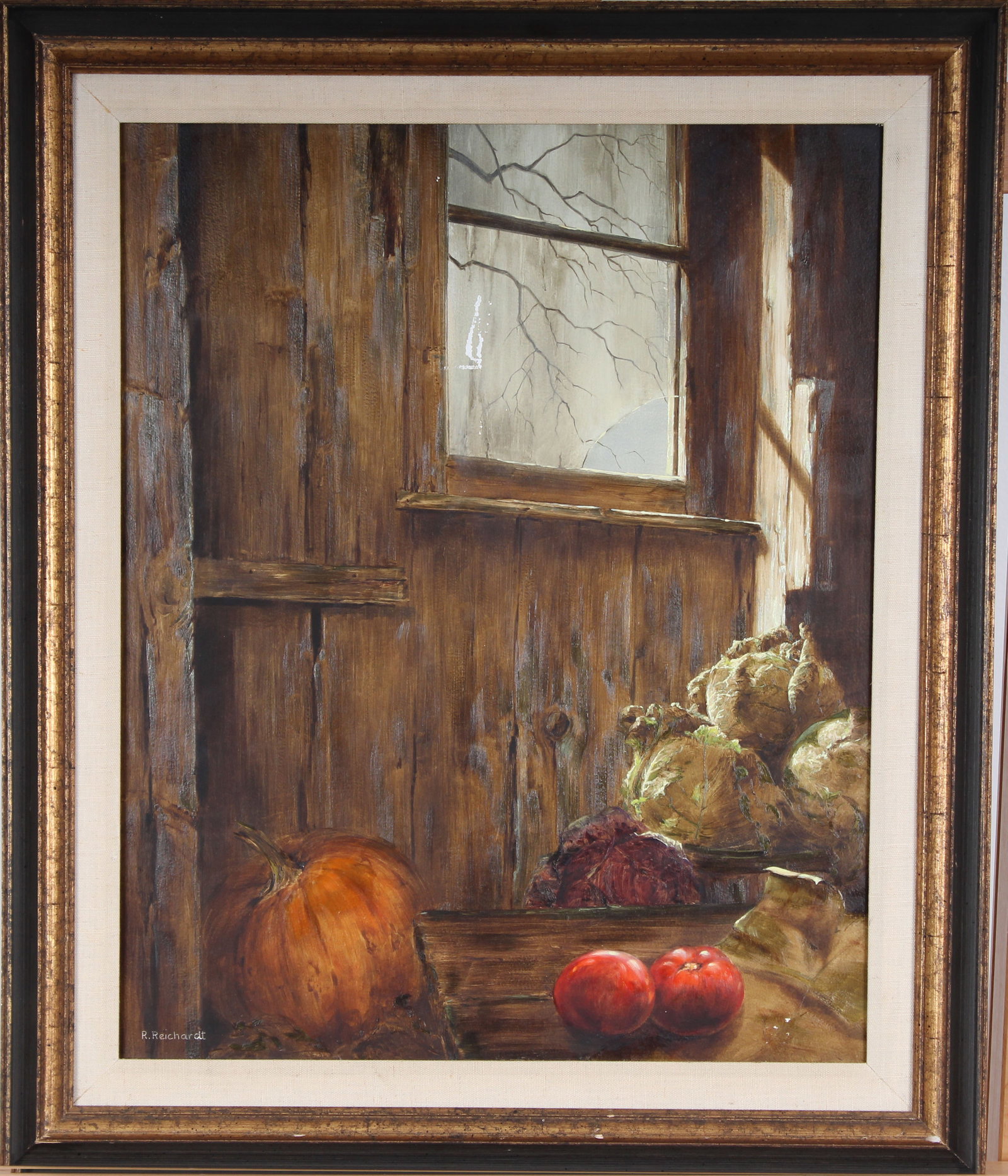 Rudi Reichardt (b1929) "Morning Light" Vintage Canadian Modernist Pumpkin Still Life Oil Painting: Vintage Canadian still life oil painting. Measuring: 24.5 by 20.5 inches overall, and 20 by 16 painting alone. Please see all images for condition. Size is measured and written on the back of the pain