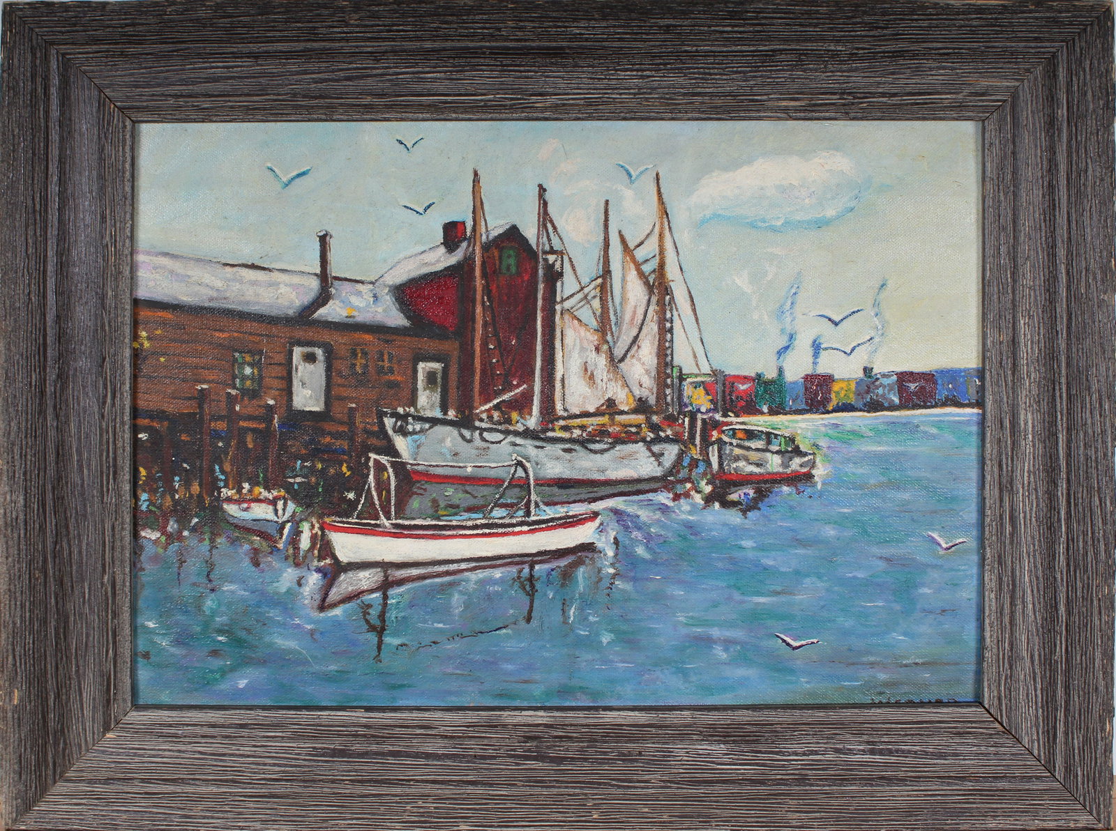 Signed Vintage American Folk Art Industrial Port Scene Framed Oil Painting: Vintage American folk art oil painting. Measuring: 13.5 by 17.5 inches overall, and 10 by 14 painting alone. Please see all images for condition. Size is measured and written on the back of the painti