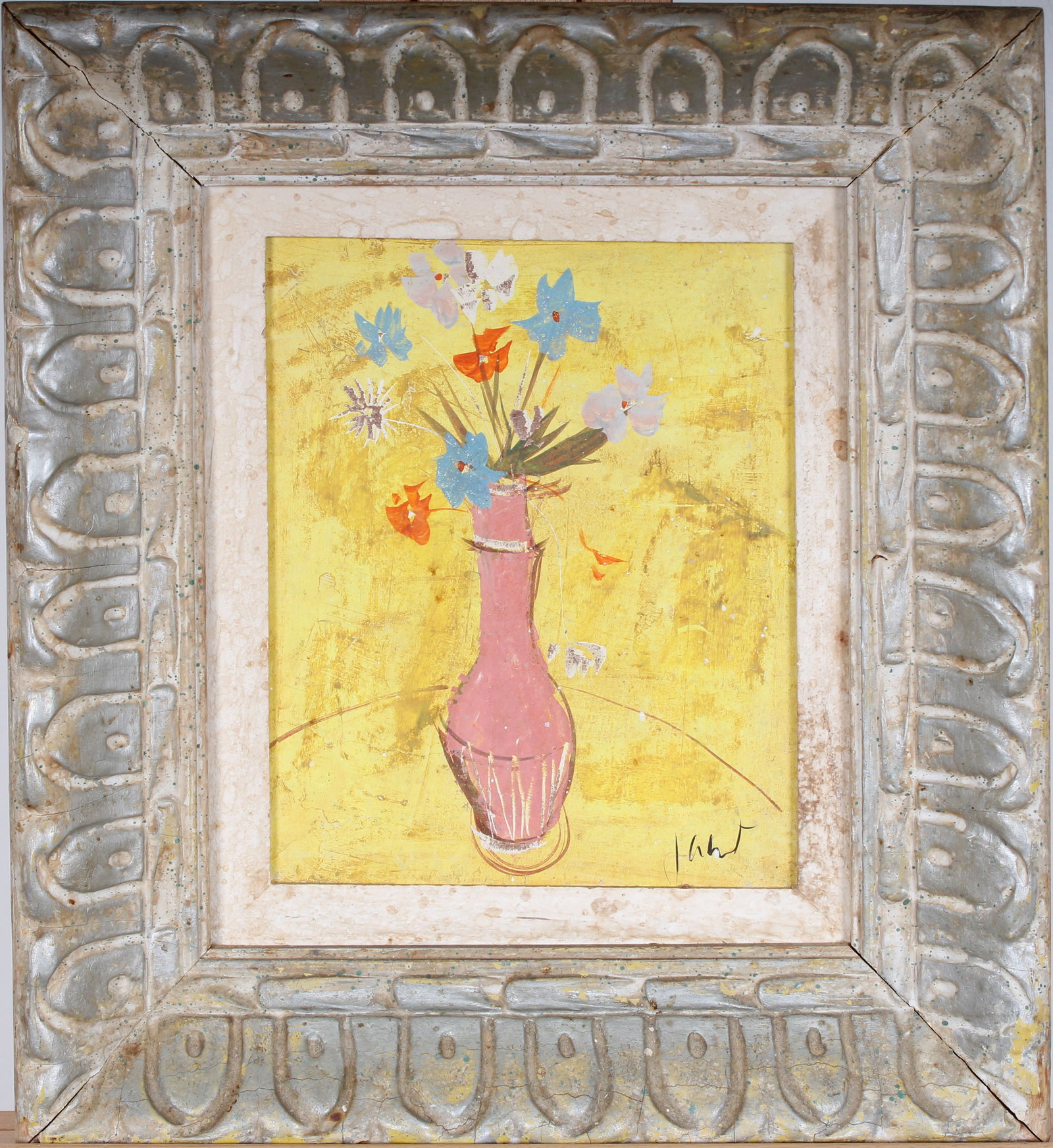Vintage French Modernist Nicely Framed Paris School Signed Flower Still Life Oil Painting: Vintage French still life oil painting. Measuring: 16.5 by 14 inches overall, and 11.5 by 9.5 painting alone. Please see all images for condition. Size is measured and written on the back of the paint