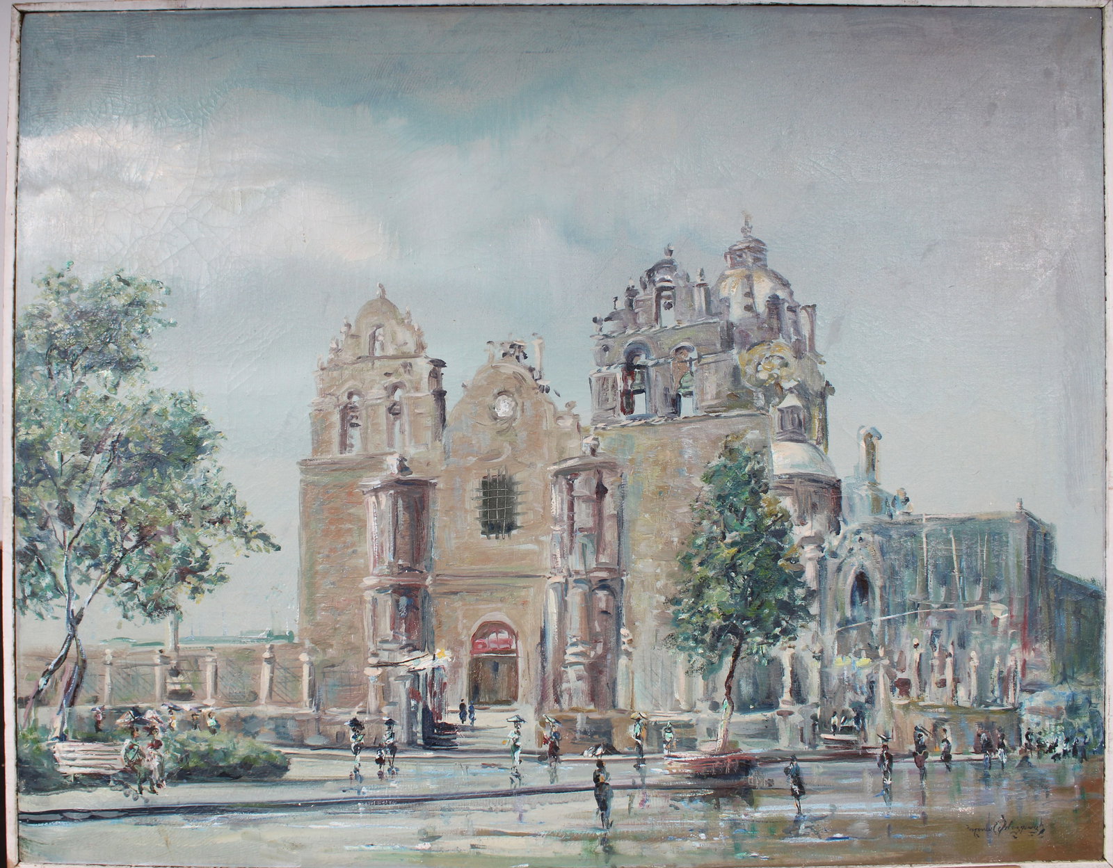 Vintage Mexican Impressionist Guadalupe Landscape Signed Original Oil Painting: Vintage Mexican impressionist cityscape oil painting. Measuring: 25 by 31 inches overall, and 24 by 30 painting alone. Please see all images for condition. Size is measured and written on the back of