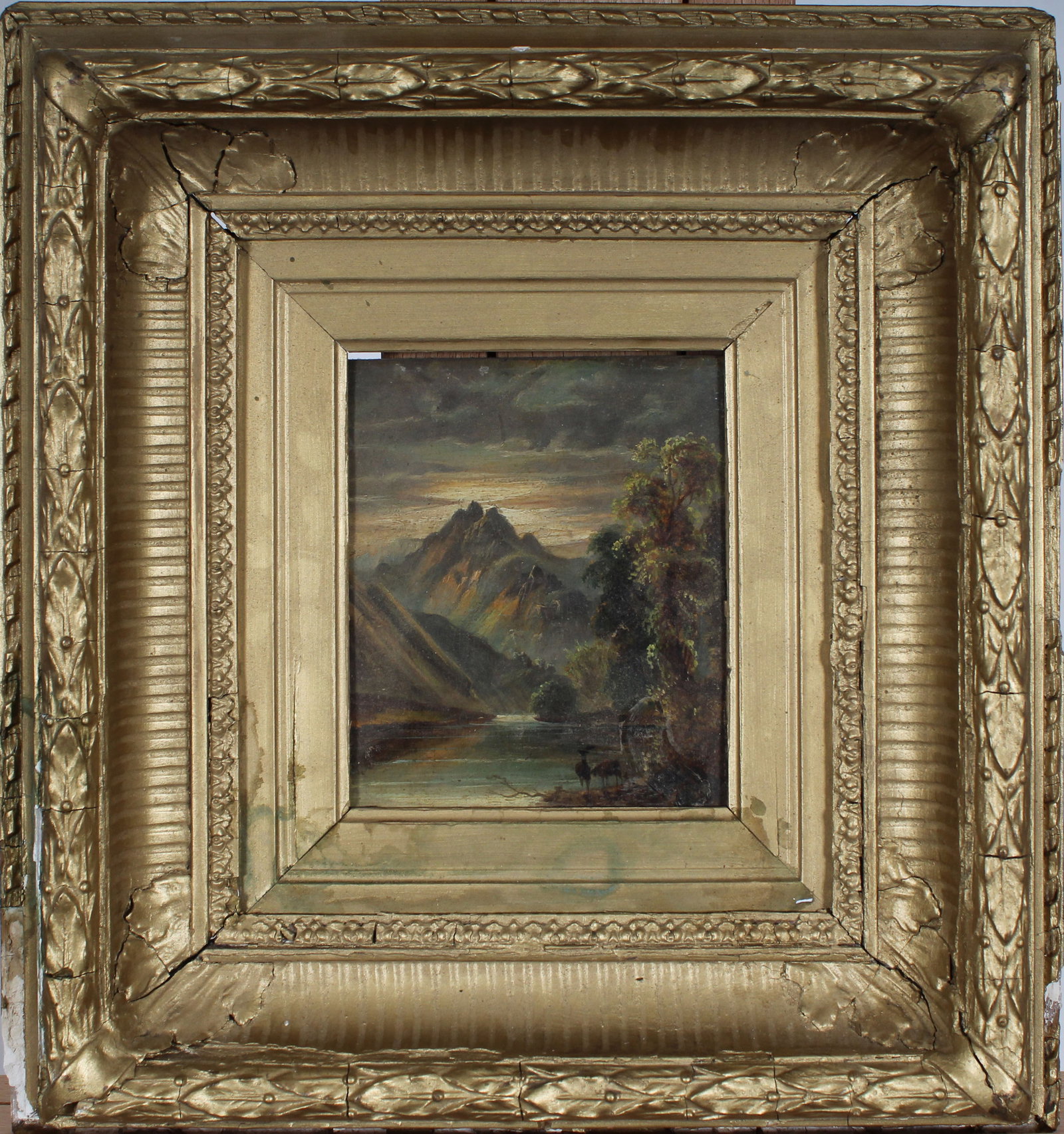 Antique European Sunset River Valley Landscape Deer Grazing Fluted Cove Frame Oil Painting (1 of 5)