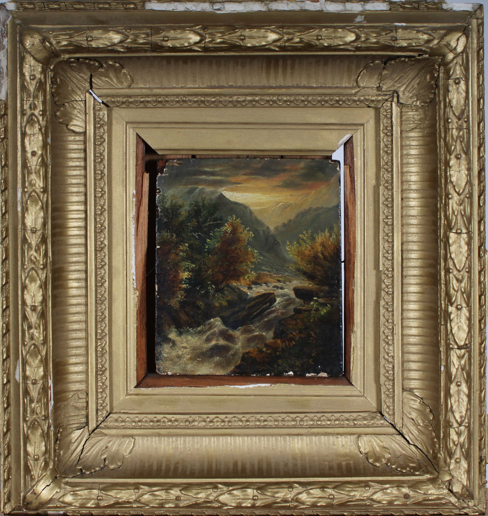 Antique European Sunset River Valley Landscape Waterfall Rapis Fluted Cove Frame Oil Painting: Antique European impressionist landscape oil painting. Oil on board. Framed. Measuring: 12.5 by 13.5 inches overall, and 5 by 6 painting alone. Please see all images for condition. Size is measured an
