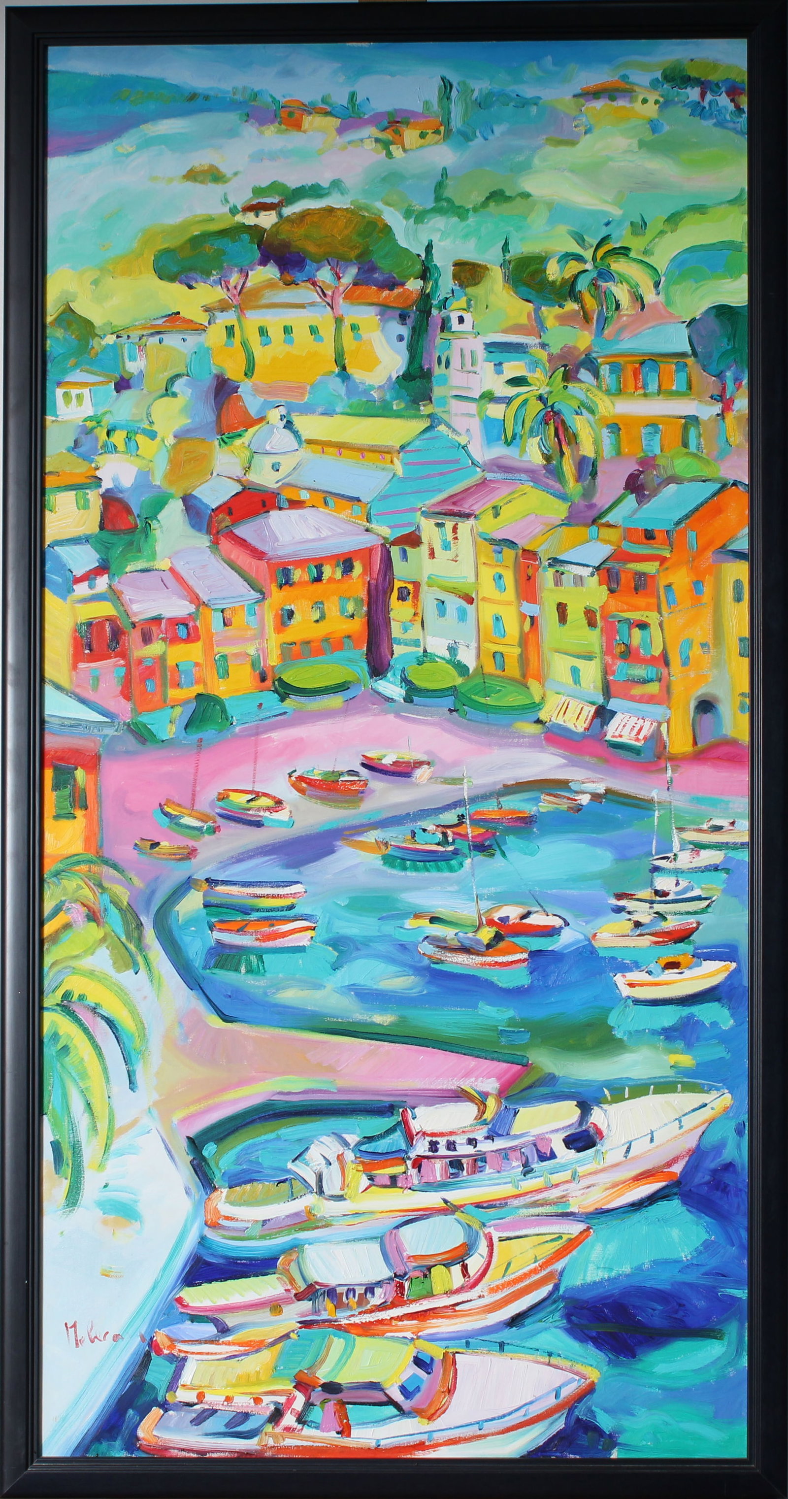 Large Vintage European Fauvist Italian or French Riviera Coastal Seascape Signed Oil Painting: Vintage European modernist seascape oil painting. Measuring: 26 by 49.5 inches overall, and 20 by 42.5 painting alone. Please see all images for condition. Size is measured and written on the back of