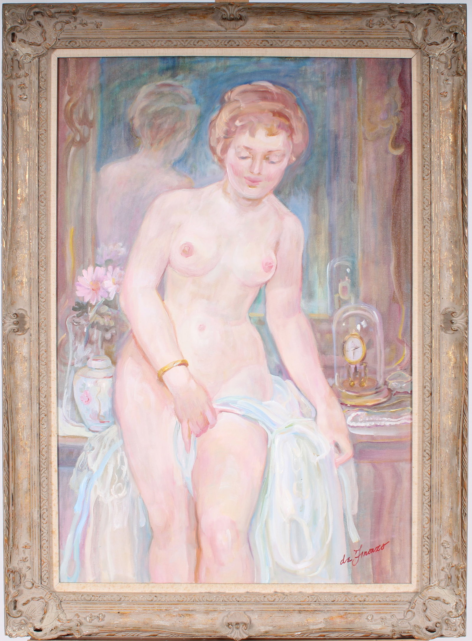 Vintage American Impressionist Large Nude Woman Interior Scene Portrait Framed Oil Painting: Vintage American impressionist oil painting. Measuring: 42.5 by 30.5 inches overall, and 36 by 24 painting alone. Signed. Please see all images for condition. Size is measured and written on the back