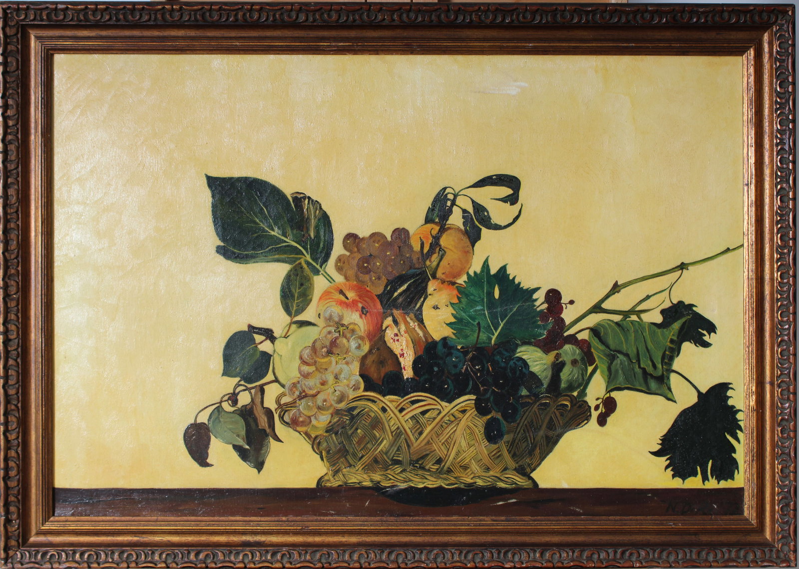 Vintage Large American School Modernist Fruit and Flower Still Life Framed Oil Painting: Vintage American still life oil painting. Measuring: 28 by 41 inches overall, and 24 by 36 painting alone. Please see all images for condition. Size is measured and written on the back of the painting