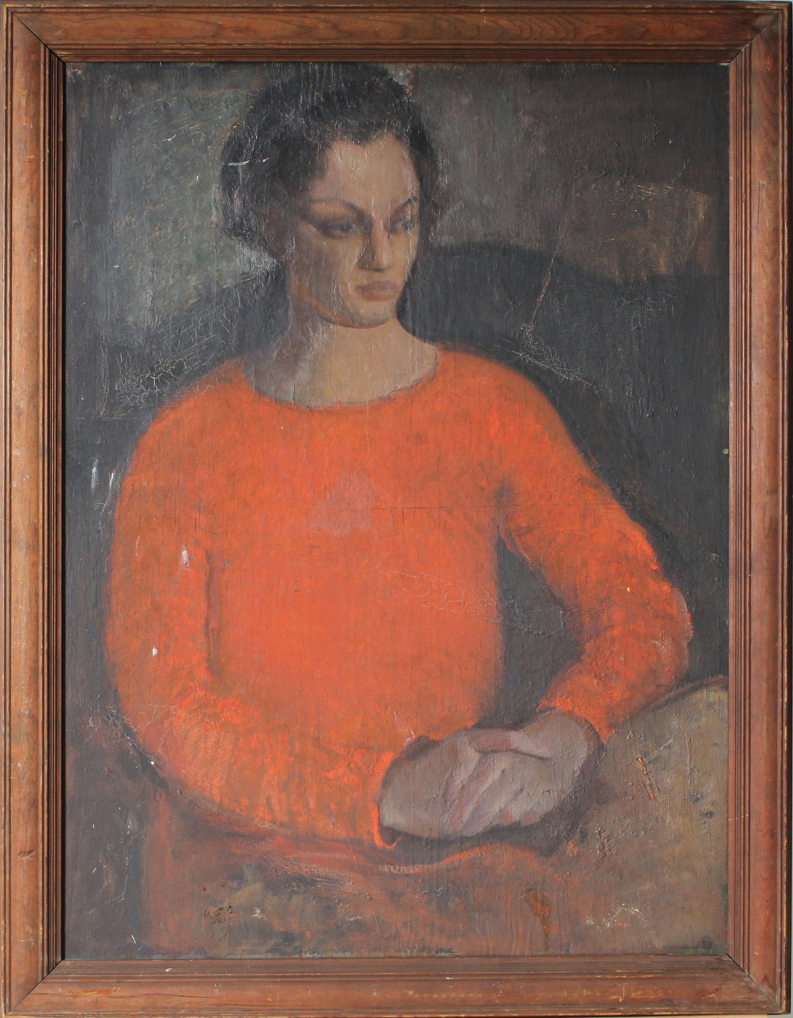 Large Vintage American Modernist Pensive Woman Portrait Framed Interior Scene Oil Painting: Vintage American oil painting. Measuring: 37 by 28 inches overall, and 32 by 24 painting alone. Please see all images for condition. Size is measured and written on the back of the painting or next to