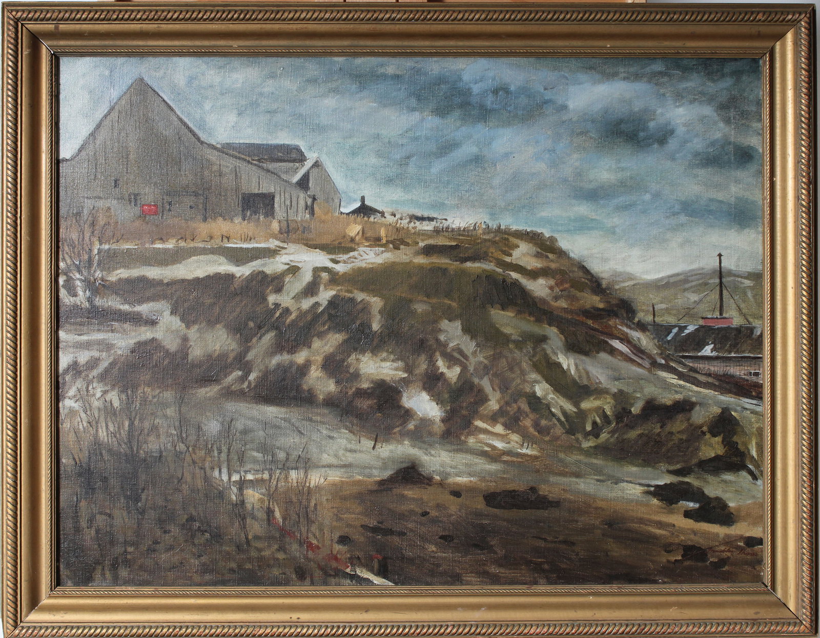 Large Vintage American Modernist Regional Farm Landscape Framed Original Oil Painting: Vintage American landscape oil painting. Measuring: 28.5 by 36.5 inches overall, and 24 by 32 painting alone. Please see all images for condition. Size is measured and written on the back of the paint