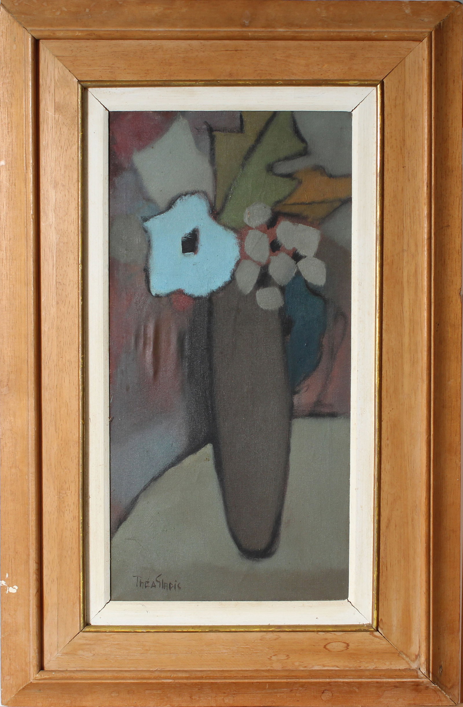 Nicely Framed Vintage American School Modernist Signed Flower Still Life Oil Painting: Vintage American still life oil painting. Measuring: 34 by 22 inches overall, and 21 by 10 painting alone. Please see all images for condition. Size is measured and written on the back of the painting