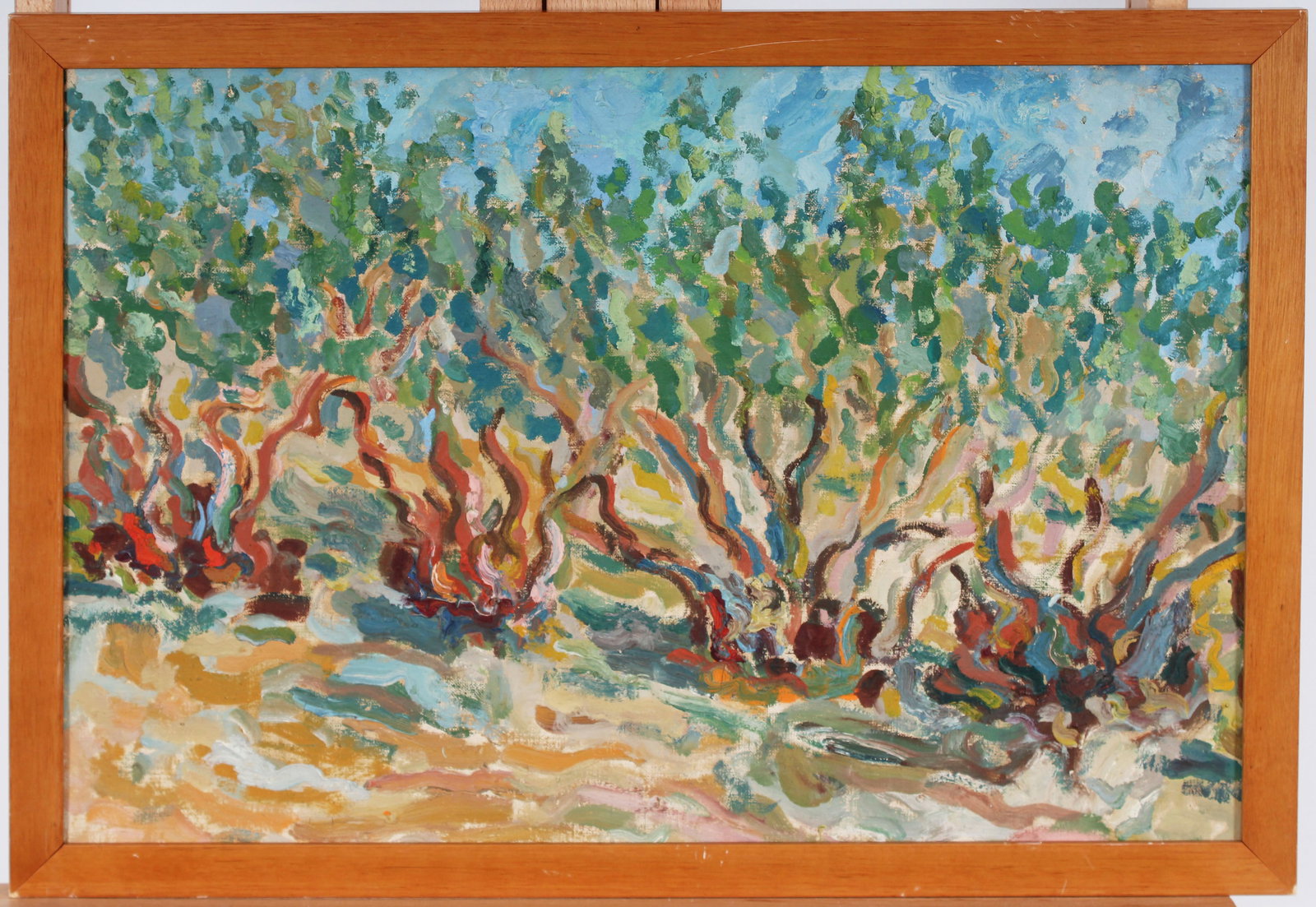 Vintage South of France Olive Tree Landscape Framed Impressionist Oil Painting: Vintage American oil painting. Measuring: 19 by 27 inches overall, and 17 by 25 painting alone. Please see all images for condition. Size is measured and written on the back of the painting or next to