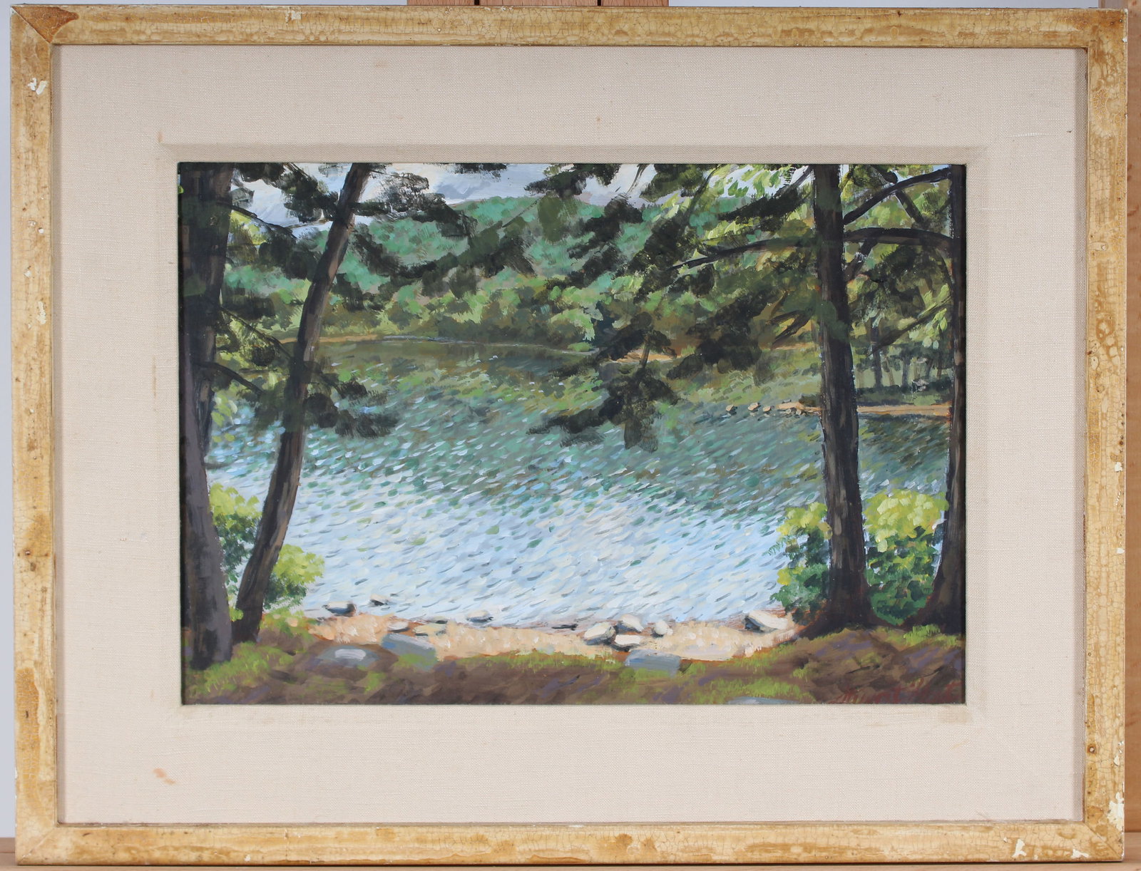 Vintage American School Signed Summer Swimming Hole Pointillist Framed Painting: Vintage American pointillist painting. Mixed media. Signed. Measuring: 17 by 21.5 inches overall, and 11 by 16 painting alone. Please see all images for condition. Size is measured and written on the