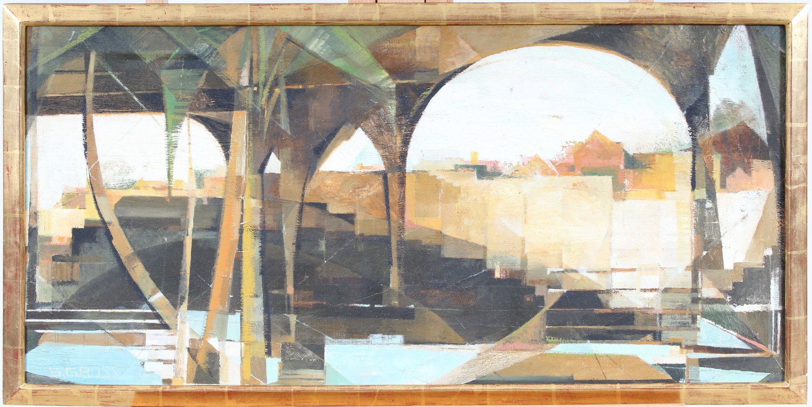 Large Vintage American or European Modernist Cubist Cityscape Abstract Gold Framed Oil Painting (1 of 8)