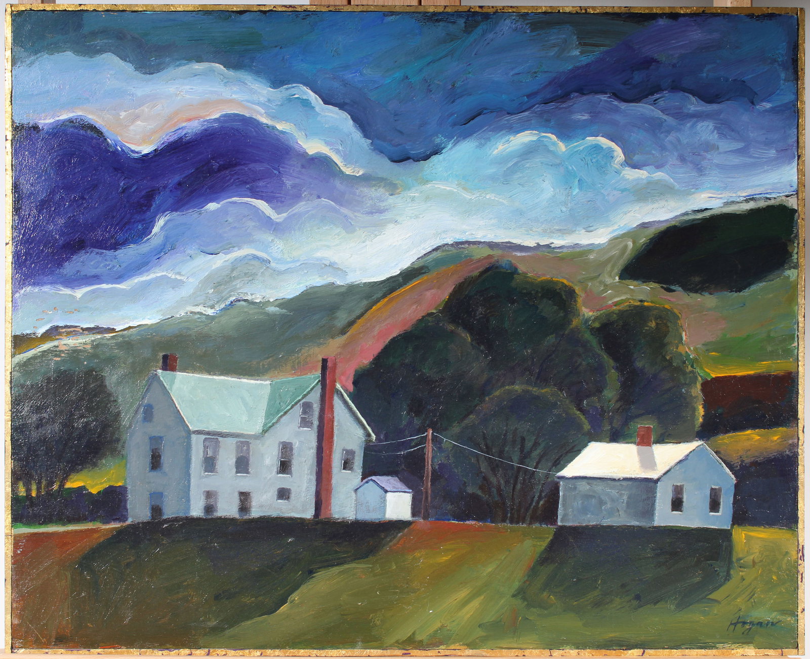 Vintage American Modernist Pennsylvania Cloud Study Landscape Signed Oil Painting: Vintage American landscape oil painting. Measuring: 21.5 by 26.5 inches overall, and 21 by 26 painting alone. Please see all images for condition. Size is measured and written on the back of the paint