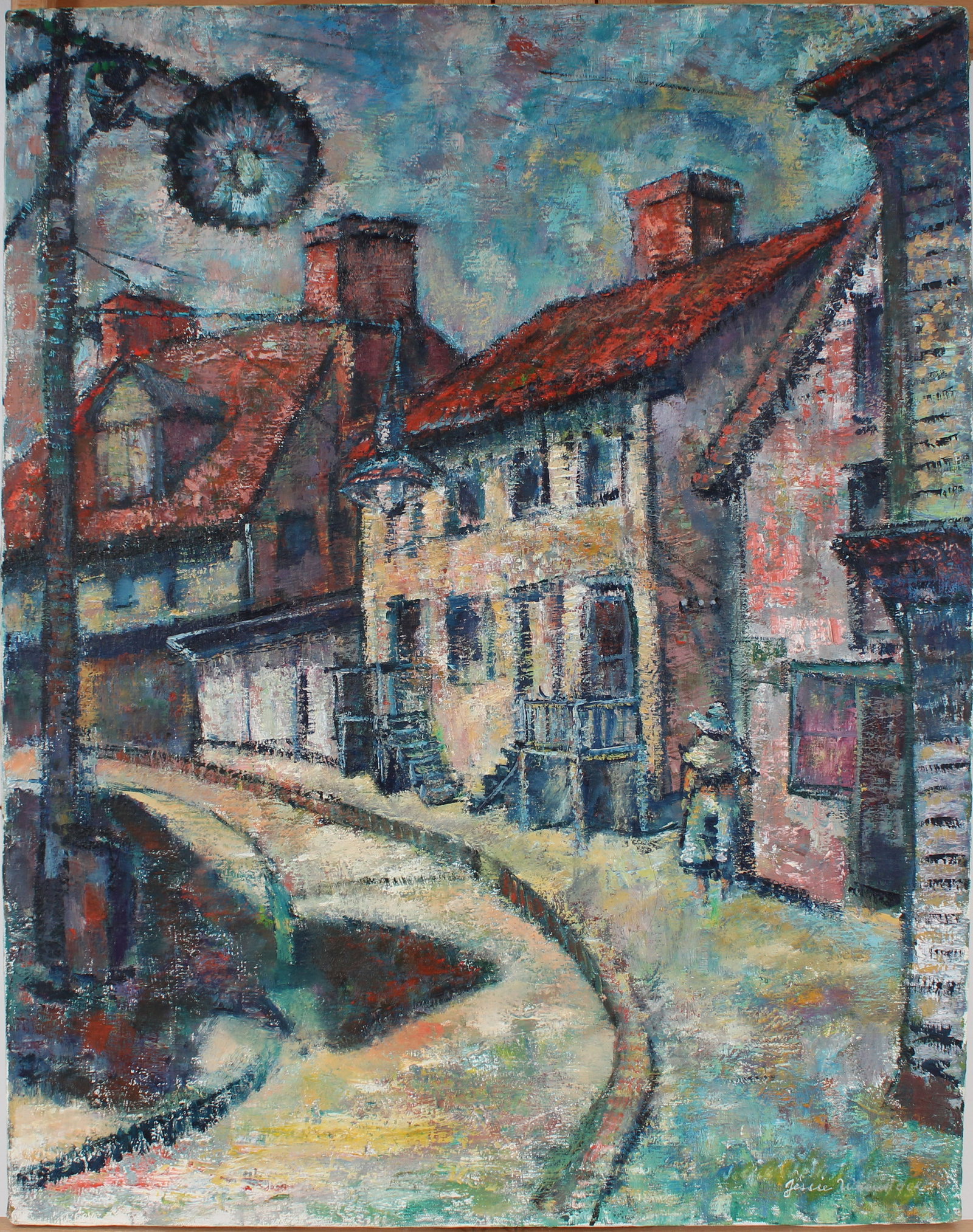 Vintage American Modernist Signed Street Scene Oil Painting: Vintage American street scene oil painting. Measuring: 28 by 22 inches overall. Please see all images for condition. Size is measured and written on the back of the painting or next to each object. Th