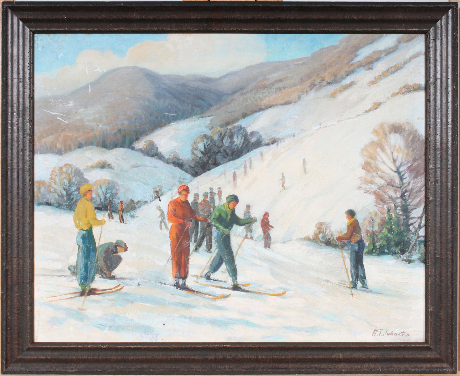 Signed Vintage American Impressionist Winter Regional Ski Town Landscape Framed Oil Painting: Vintage American winter landscape oil painting. Measuring: 18.5 by 23 inches overall, and 15.5 by 19.5 painting alone. Please see all images for condition. Size is measured and written on the back of