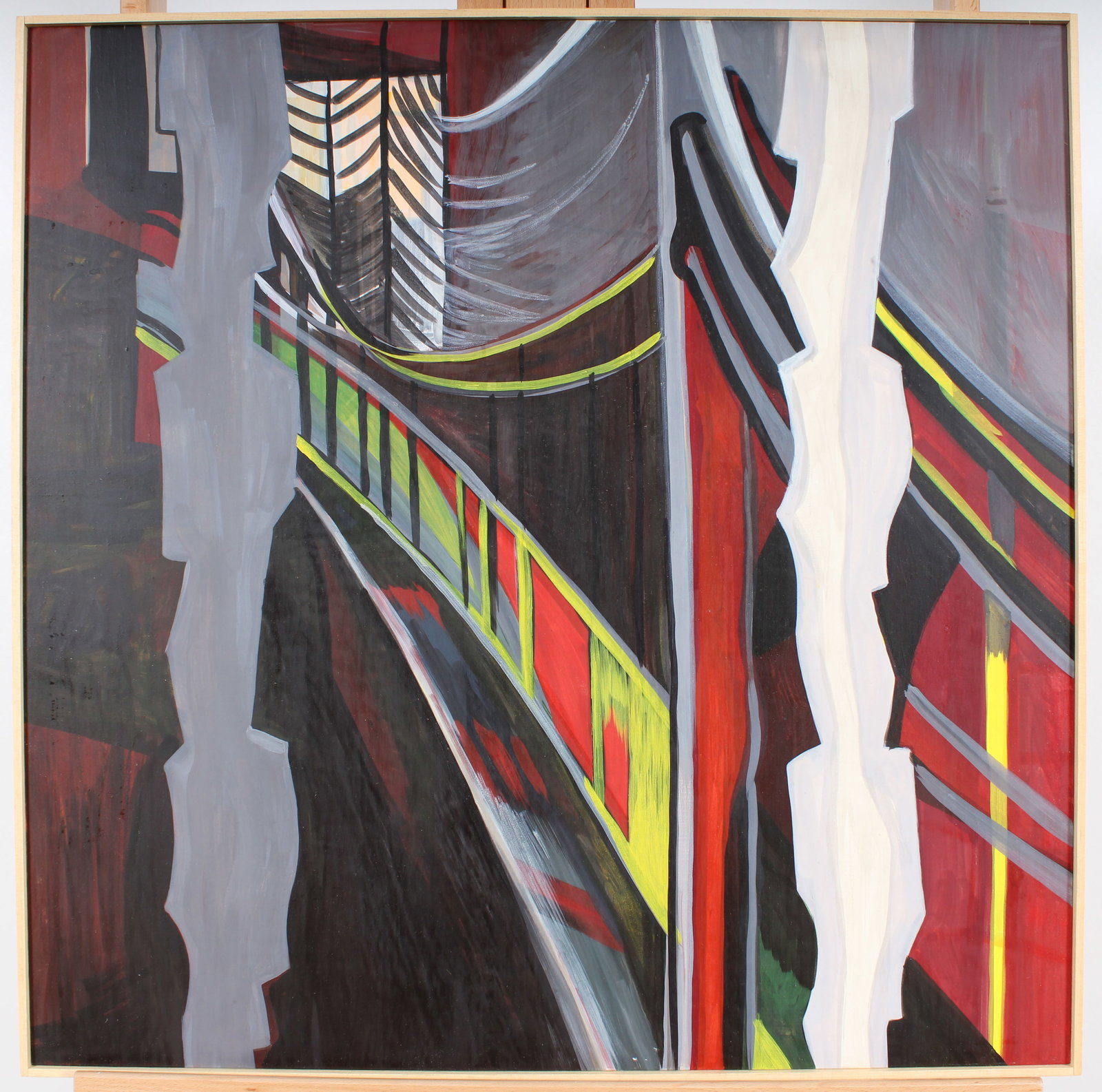 Vintage American Modernist Large Architectural Abstract Street Scene Signed Oil Painting: Vintage American oil painting. Measuring: 29.5 by 29.5 inches overall, and 29 by 29 painting alone. Please see all images for condition. Size is measured and written on the back of the painting or nex