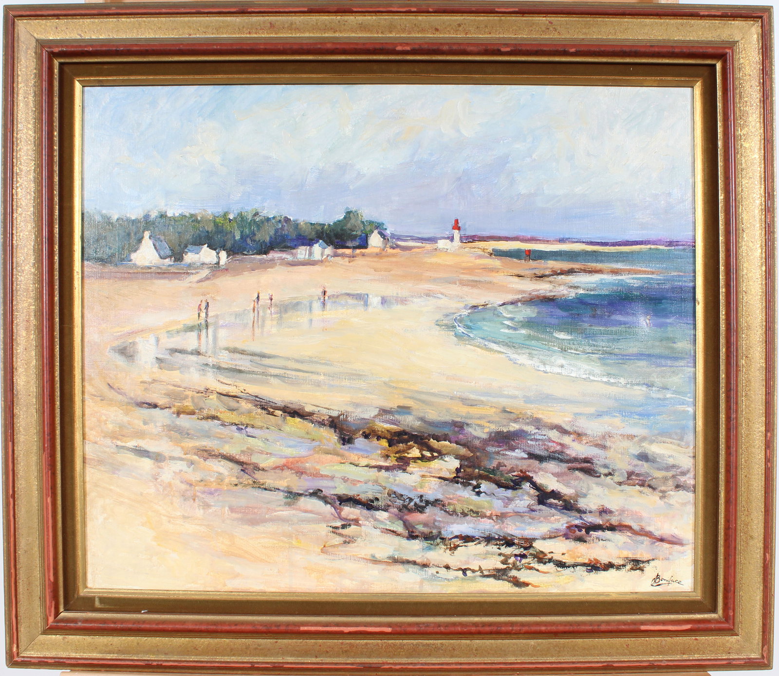 Vintage French Impressionist Beach Scene Framed Signed Seascape Oil Painting: Vintage French beach scene oil painting. Measuring: 27 by 32 inches overall, and 21 by 25.5 painting alone. Please see all images for condition. Size is measured and written on the back of the paintin
