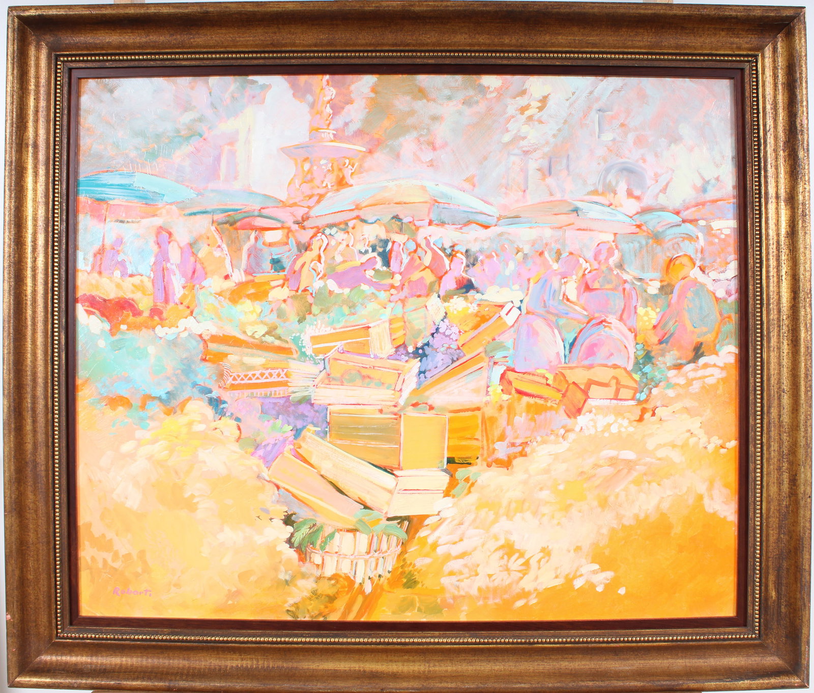 Signed Vintage European Fauvist Market Scene Framed Modernist Oil Painting: Vintage signed European market scene oil painting. Oil on canvas. Measuring: 30 by 35 inches overall, and 24 by 29 painting alone. Please see all images for condition. Size is measured and written on