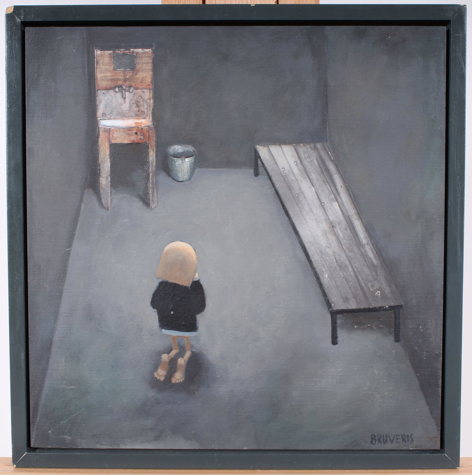 Vintage American Modernist "Jail Cell Portrait" Outsider Art Rare Surreal Oil Painting: Vintage American outsider art oil painting. Oil on board. Signed. Measuring: 15 by 14.5 inches overall, and 13.5 by 13 painting alone. Please see all images for condition. Size is measured and written