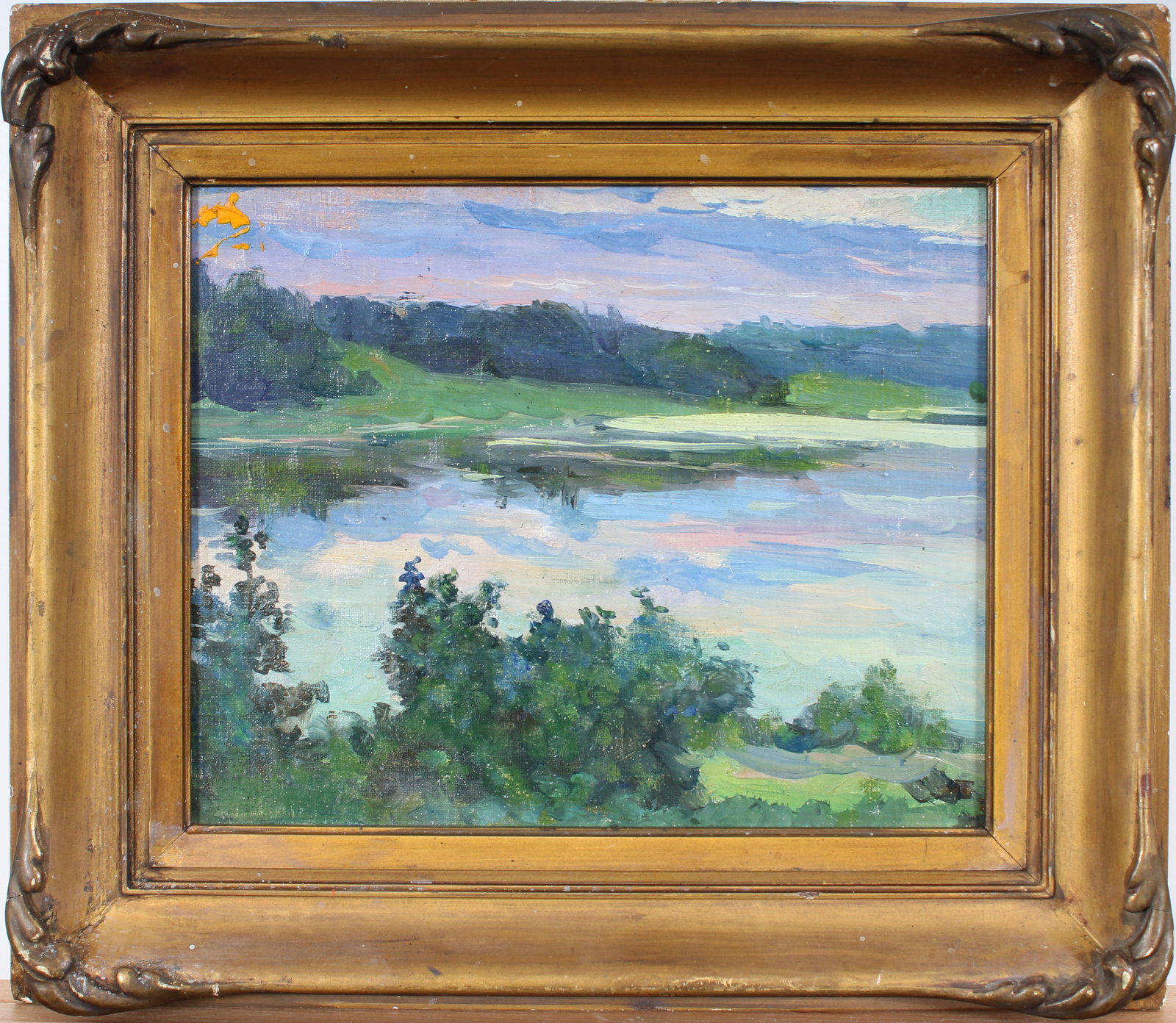 Antique Signed American Impressionist Giltwood Framed Lake Landscape Dusk Scene Oil Painting (1 of 8)