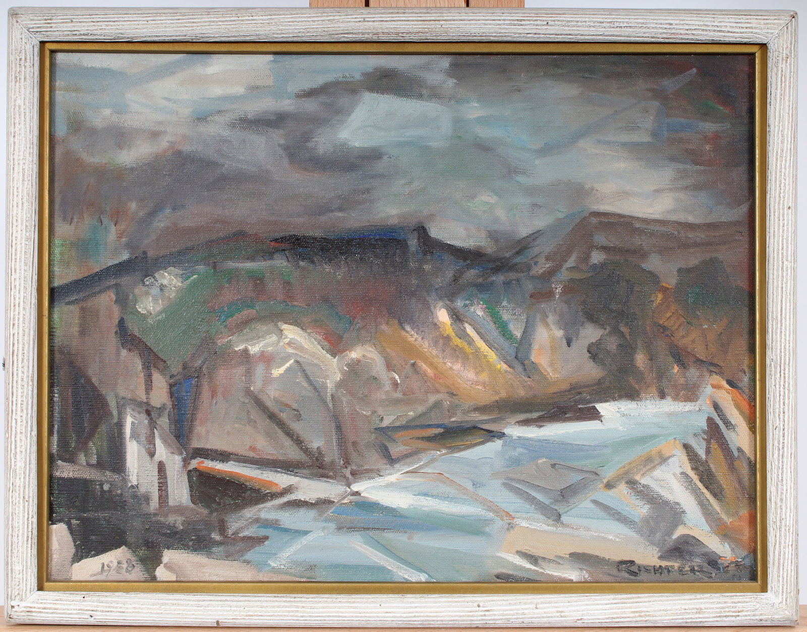 Vintage American Modernist Signed Richter Framed Landscape Oil Painting (1 of 8)