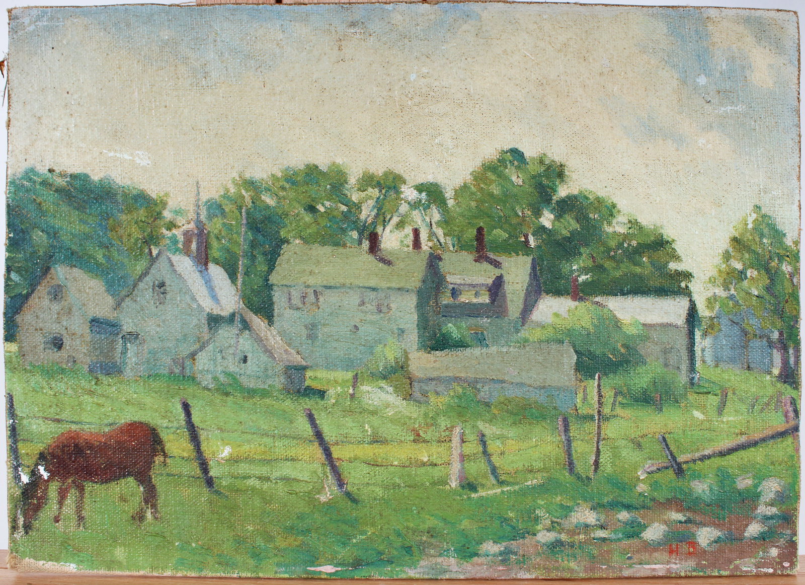 Vintage American Impressionist Horse Grazing Equestrian Farm Landscape Oil Painting: Vintage American oil painting. Measuring: 9 by 13 inches overall. Please see all images for condition. Size is measured and written on the back of the painting or next to each object. The first size i