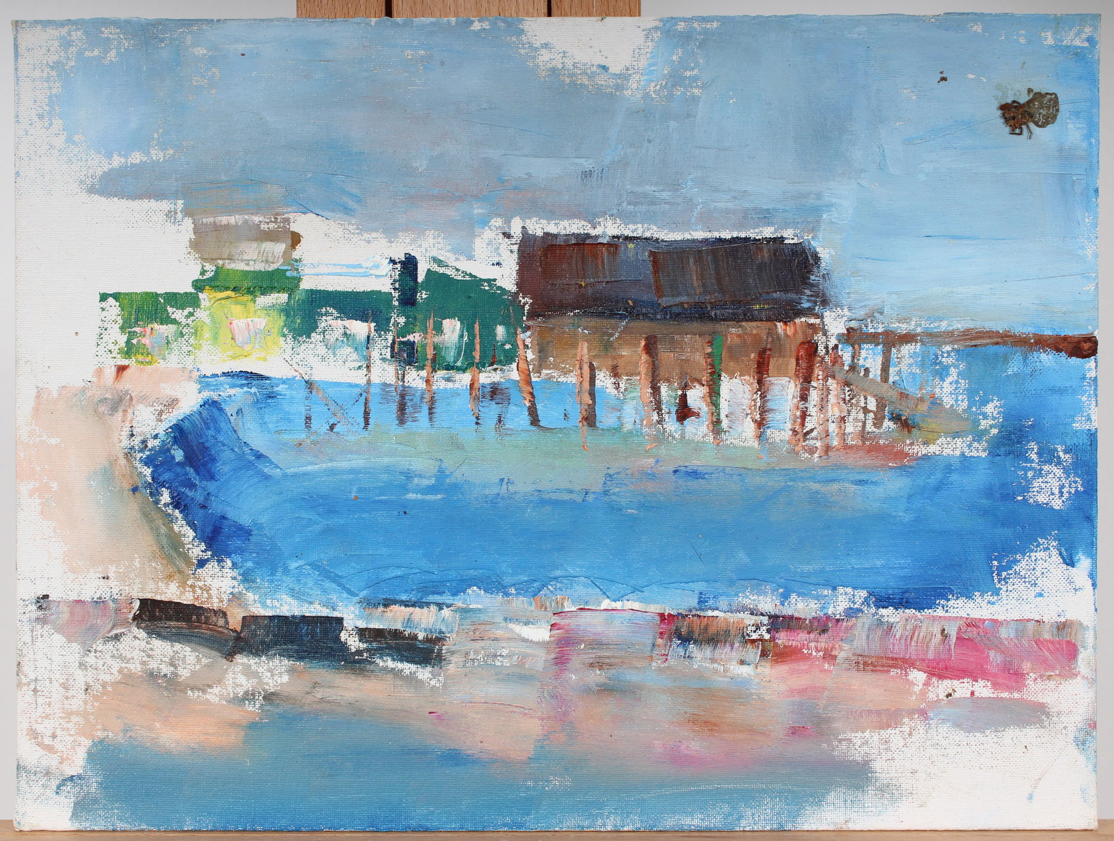 Vintage American Modernist Provincetown Abstract Beach Scene Oil Painting: Vintage American beach scene oil painting. Measuring: 12 by 16 inches overall. Please see all images for condition. Size is measured and written on the back of the painting or next to each object. The
