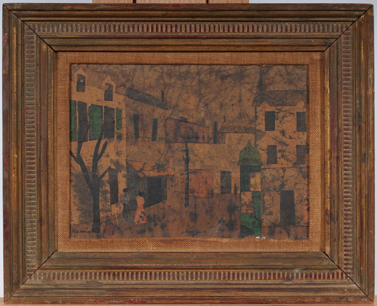 Vintage Signed French Modernist Paris Street Scene Signed Framed Mixed Media Collage Painting: Vintage French mixed media collage painting. Measuring: 9.5 by 11.5 inches overall, and 7 by 9 painting alone. Please see all images for condition. Size is measured and written on the back of the pain