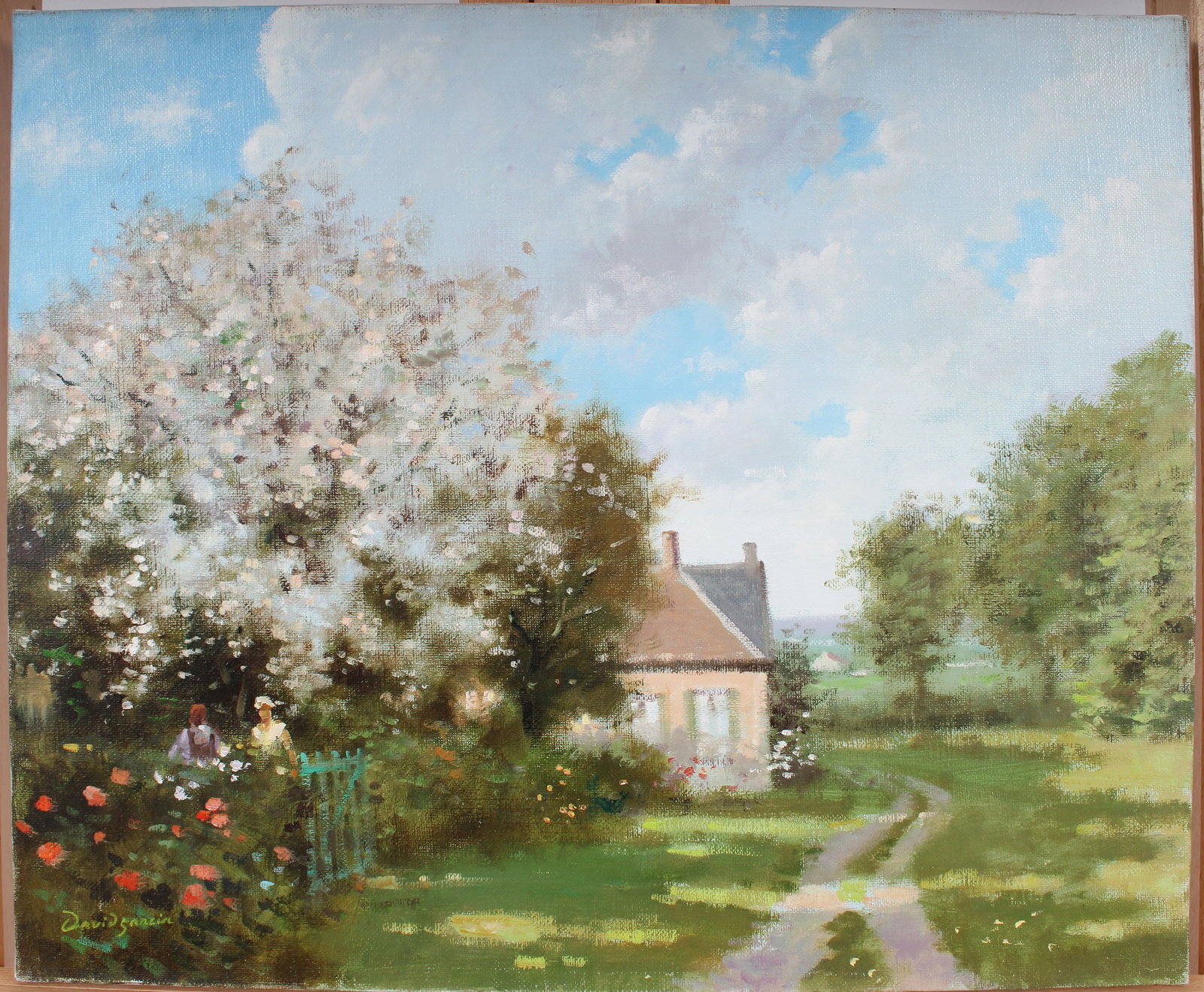Vintage European Impressionist Flower Garden Signed Landscape Oil Painting: Vintage European impressionist landscape oil painting. Measuring: 18 by 21.5 inches overall. Please see all images for condition. Size is measured and written on the back of the painting or next to ea