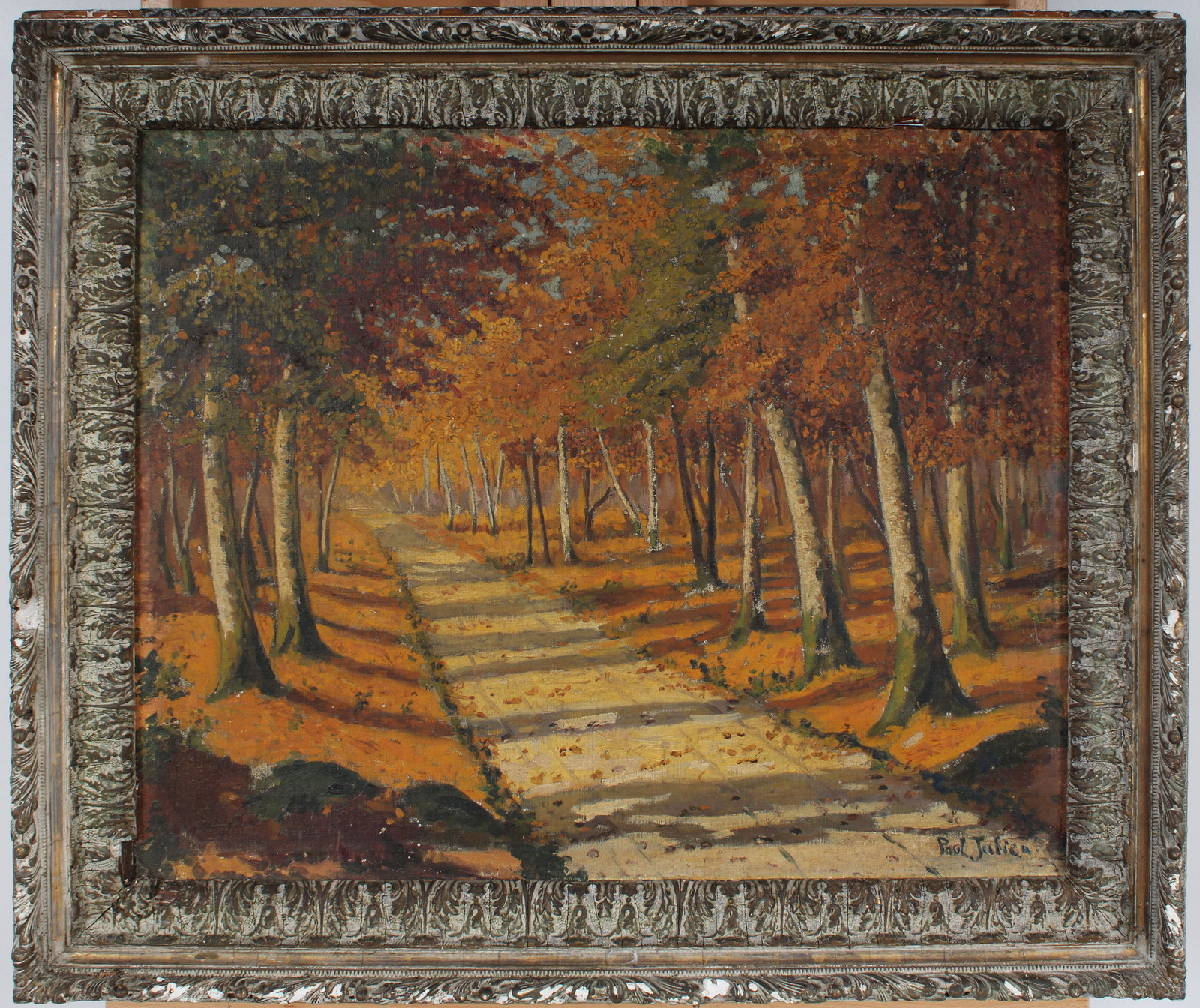Paul Julien Signed Vintage American Impressionist Forest Path Framed Landscape Oil Painting: Vintage American landscape oil painting. Measuring: 27.5 by 31.5 inches overall, and 21 by 25 painting alone. Please see all images for condition. Size is measured and written on the back of the paint