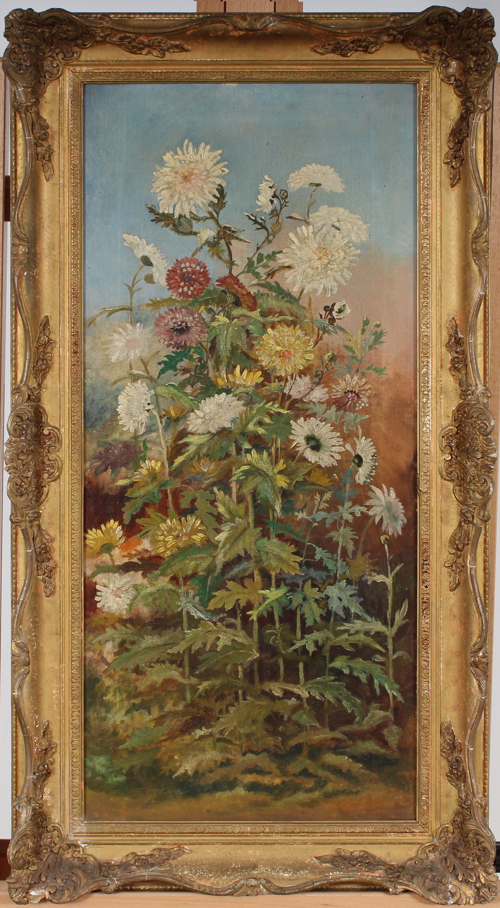 Antique American School Flower Still Life Framed Impressionist Oil Painting: Vintage American still life oil painting. Oil on canvas. Framed. Measuring: 43 by 23 inches overall, and 36 by 16 painting alone. Please see all images for condition. Size is measured and written on t