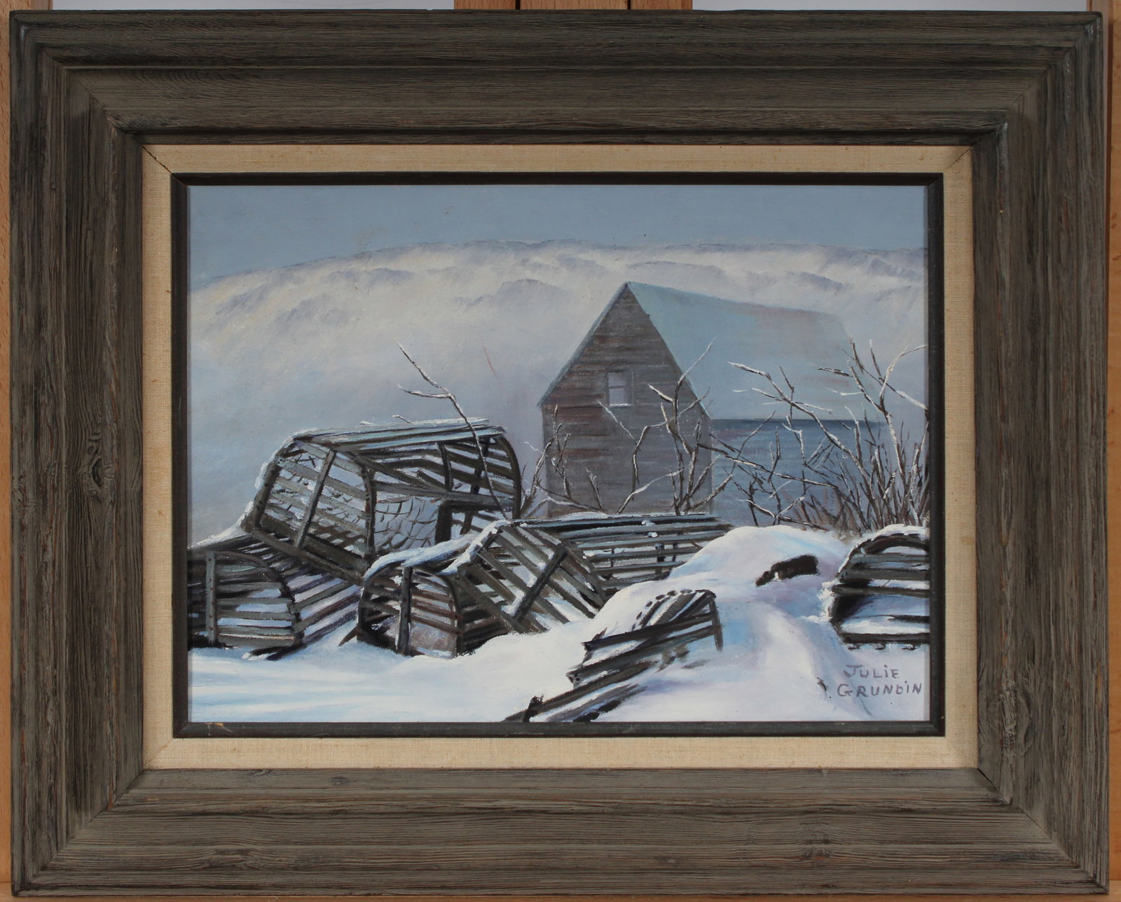 Vintage American Modernist Winter Farm Landscape Framed Folk Art Oil Painting (1 of 8)