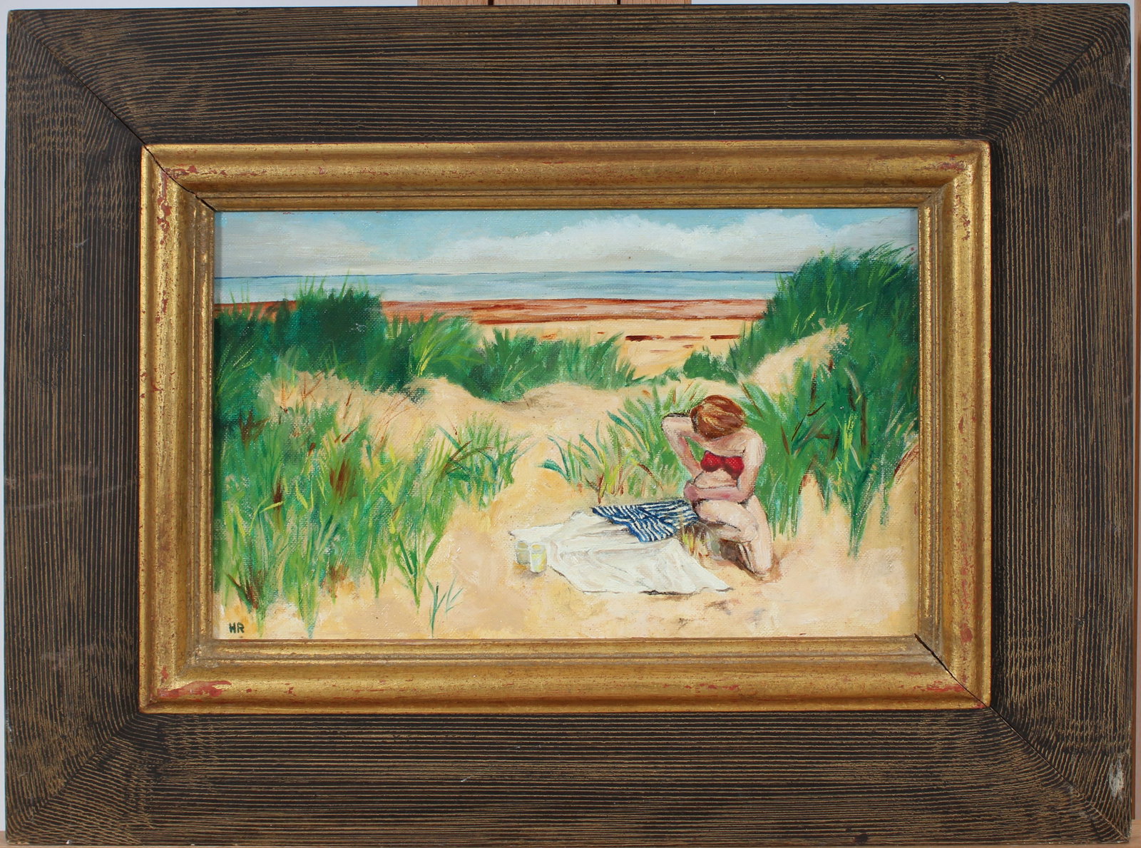 Vintage American School Nicely Framed Modernist Beach Scene Monogrammed Oil Painting: Vintage American beach scene oil painting. Measuring: 15.5 by 20.5 inches overall, and 11 by 14 painting alone. Please see all images for condition. Size is measured and written on the back of the pai