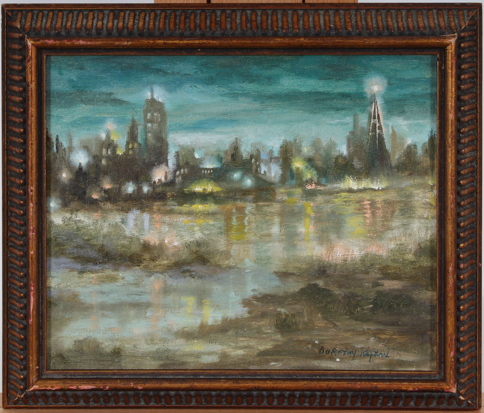 Signed Vintage American School Modernist Nocturnal Industrial Cityscape Framed Oil Painting: Vintage American modernist cityscape oil painting. Measuring: 10 by 12 inches overall, and 8 by 10 painting alone. Please see all images for condition. Size is measured and written on the back of the